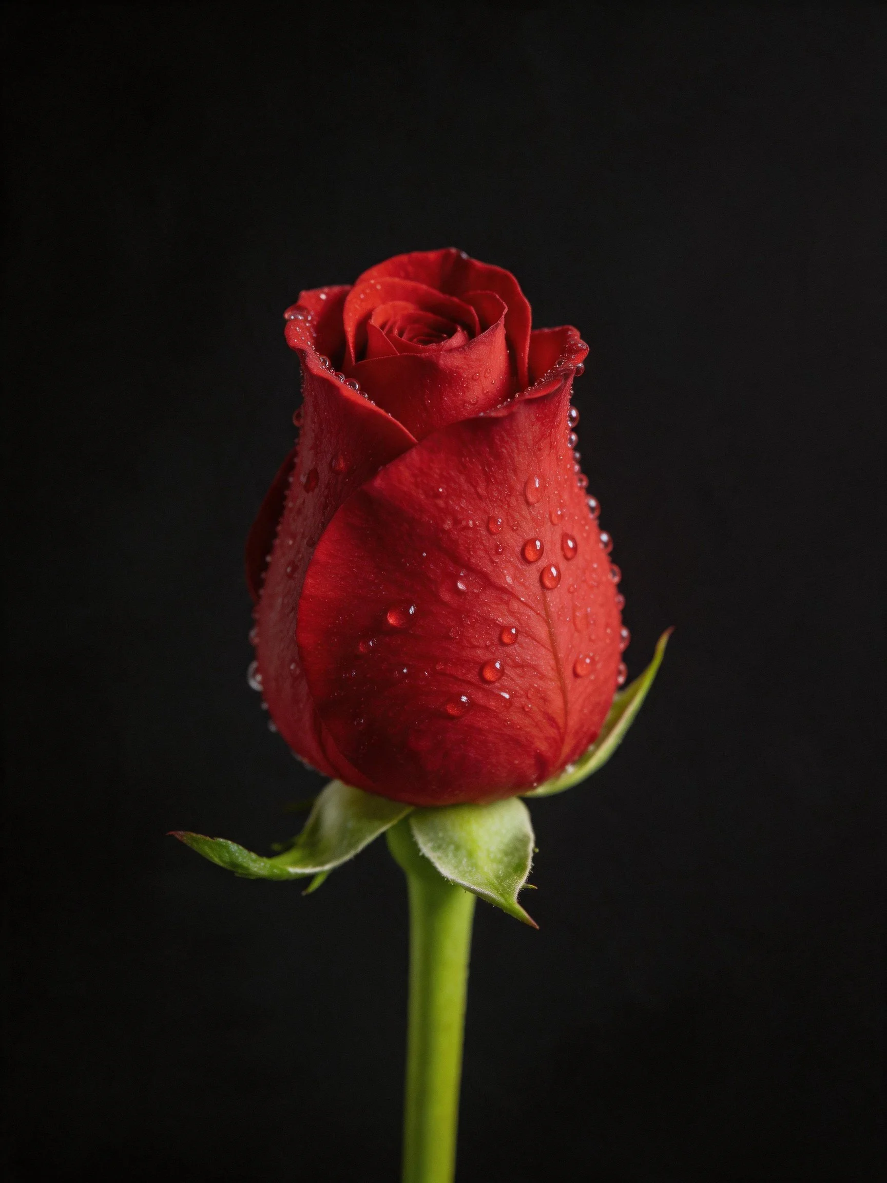 A vibrant red rosebud with water droplets against a dark backdrop