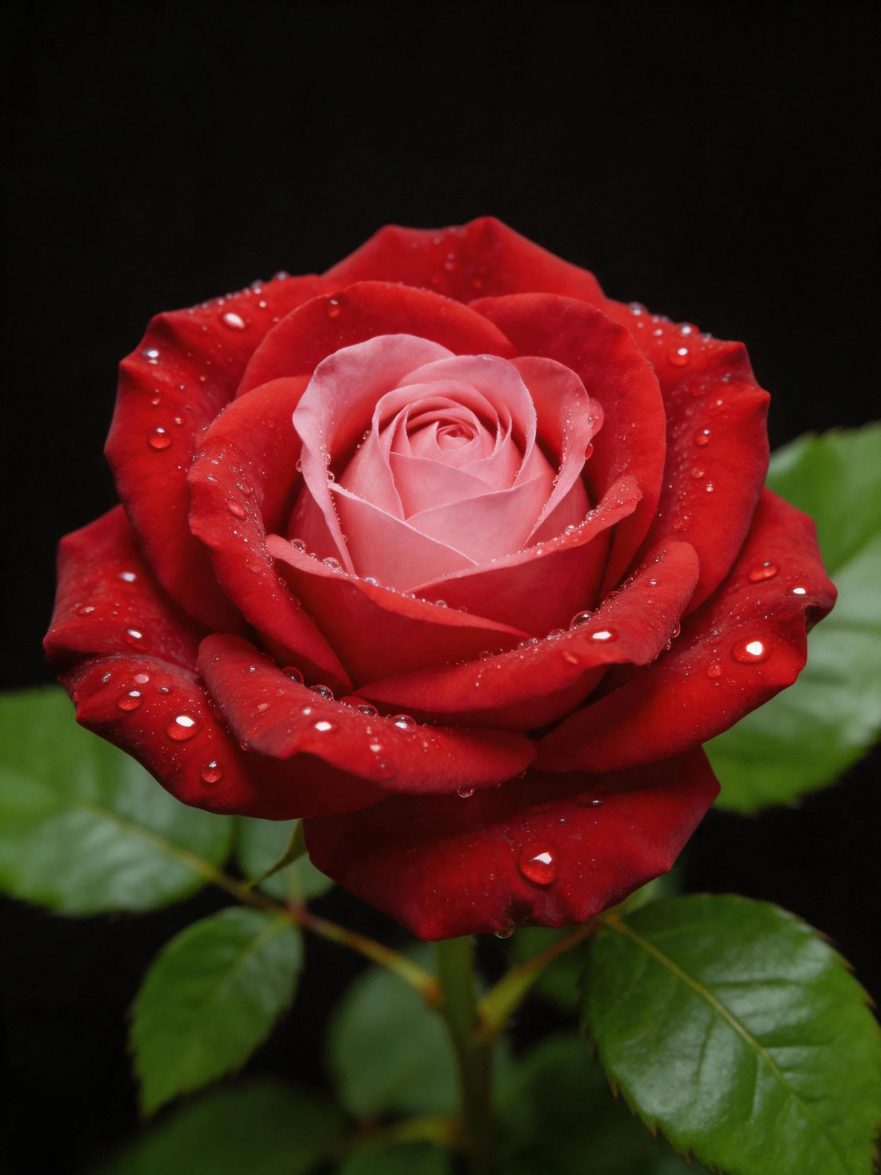 A vibrant red rosewith pink center and dew drops