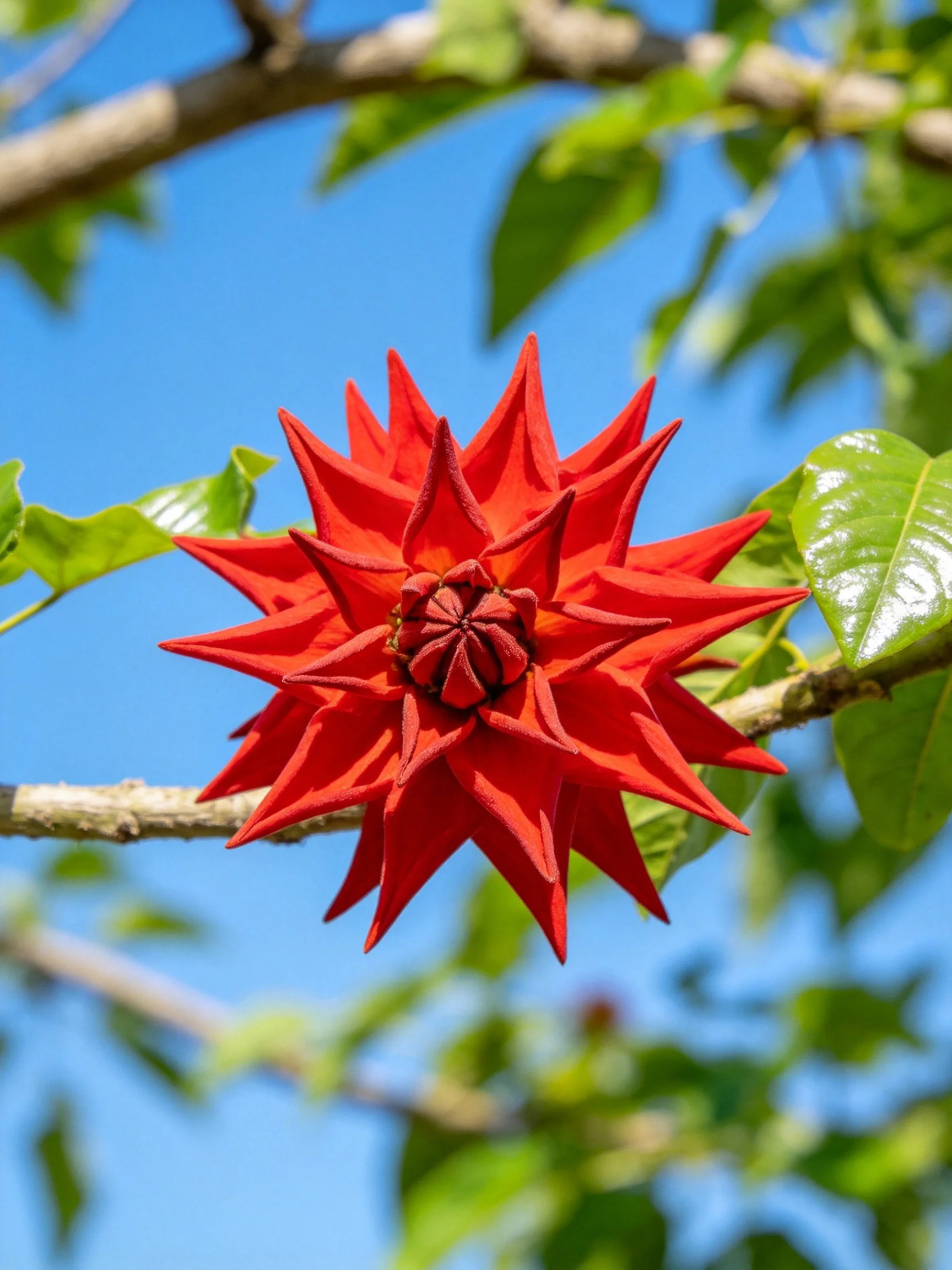 A vibrant red star - shaped flower blooms on a tree branch