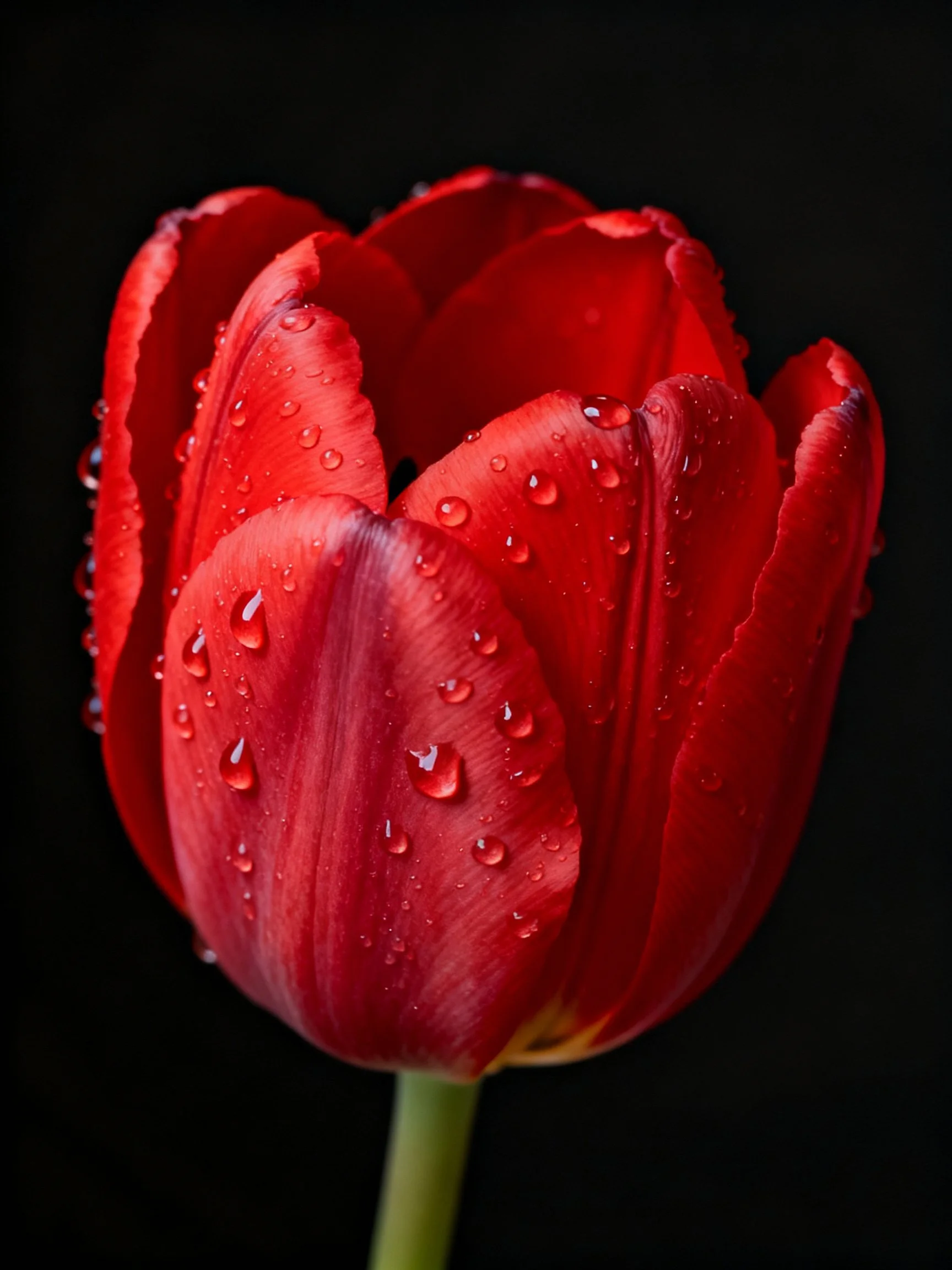 A vibrant red tulip adorned with glistening water droplets