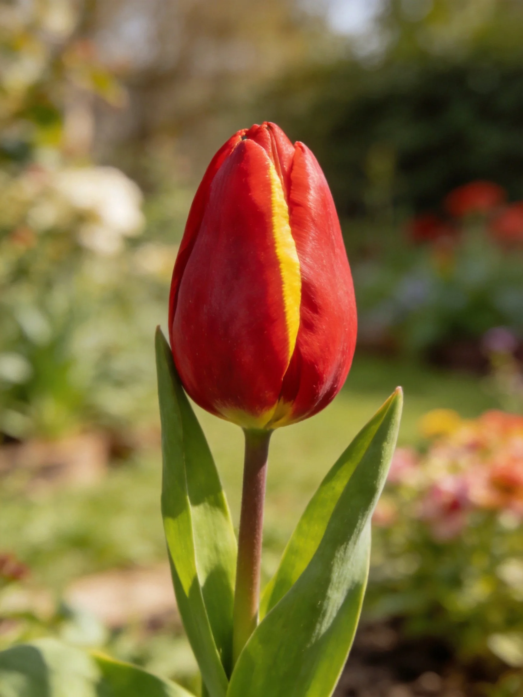 A vibrant red tulip bud with a yellow stripe in a sunlit garden
