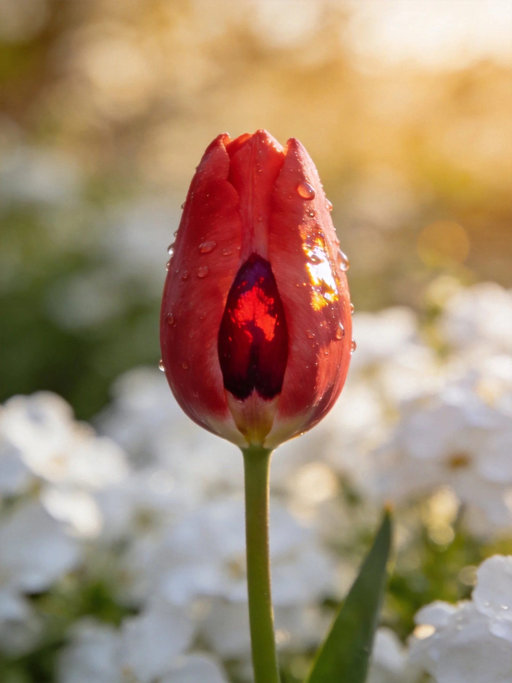 A vibrant red tulip bud with glistening dew drops