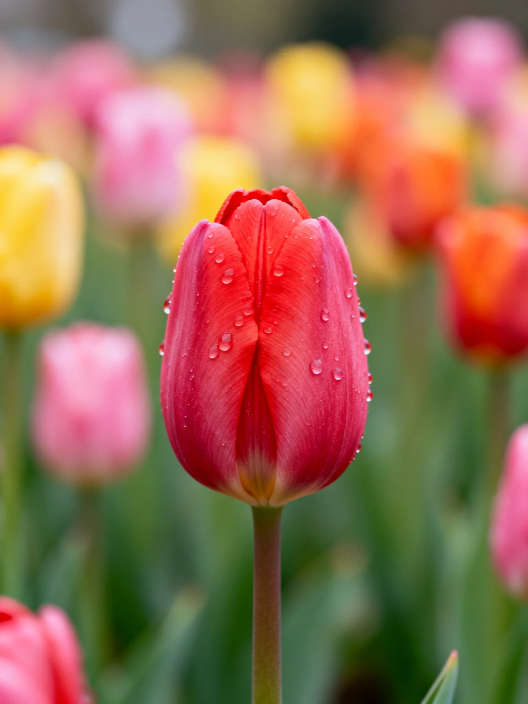 A vibrant red tulip with dew drops among multicolored blooms