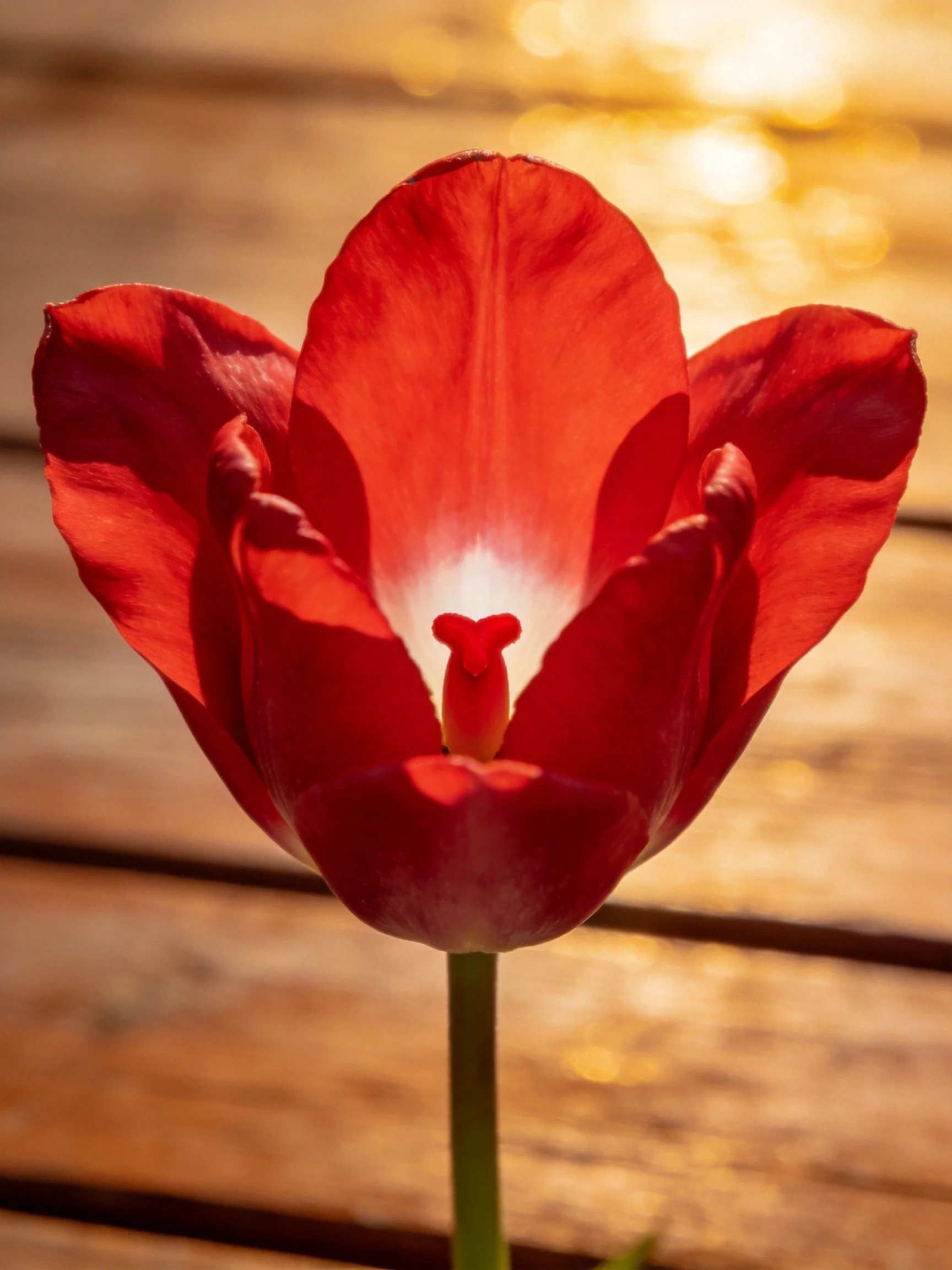 A vibrant red tulip with golden sunlight backdrop