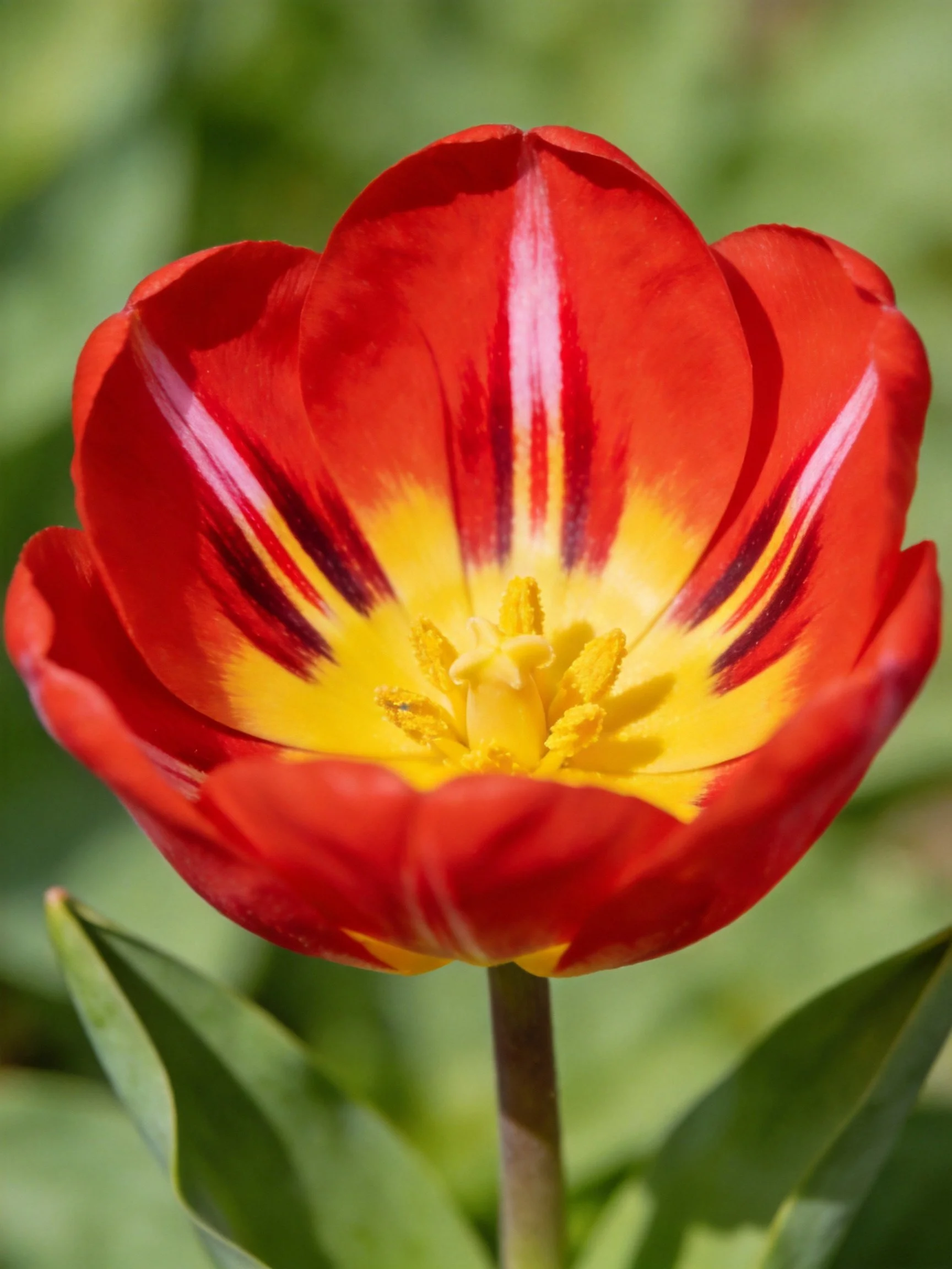 A vibrant red tulip with yellow and striped petals