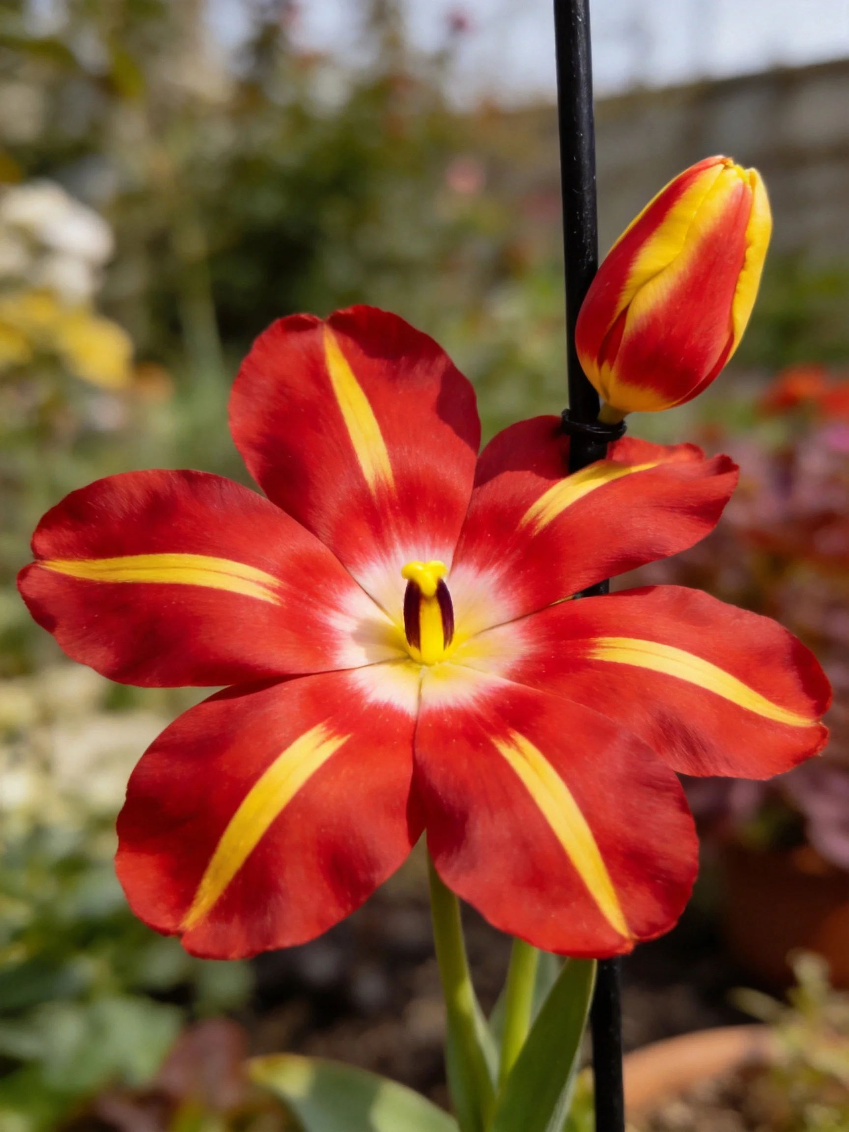 A vibrant red tulip with yellow stripes beside an unopened bud