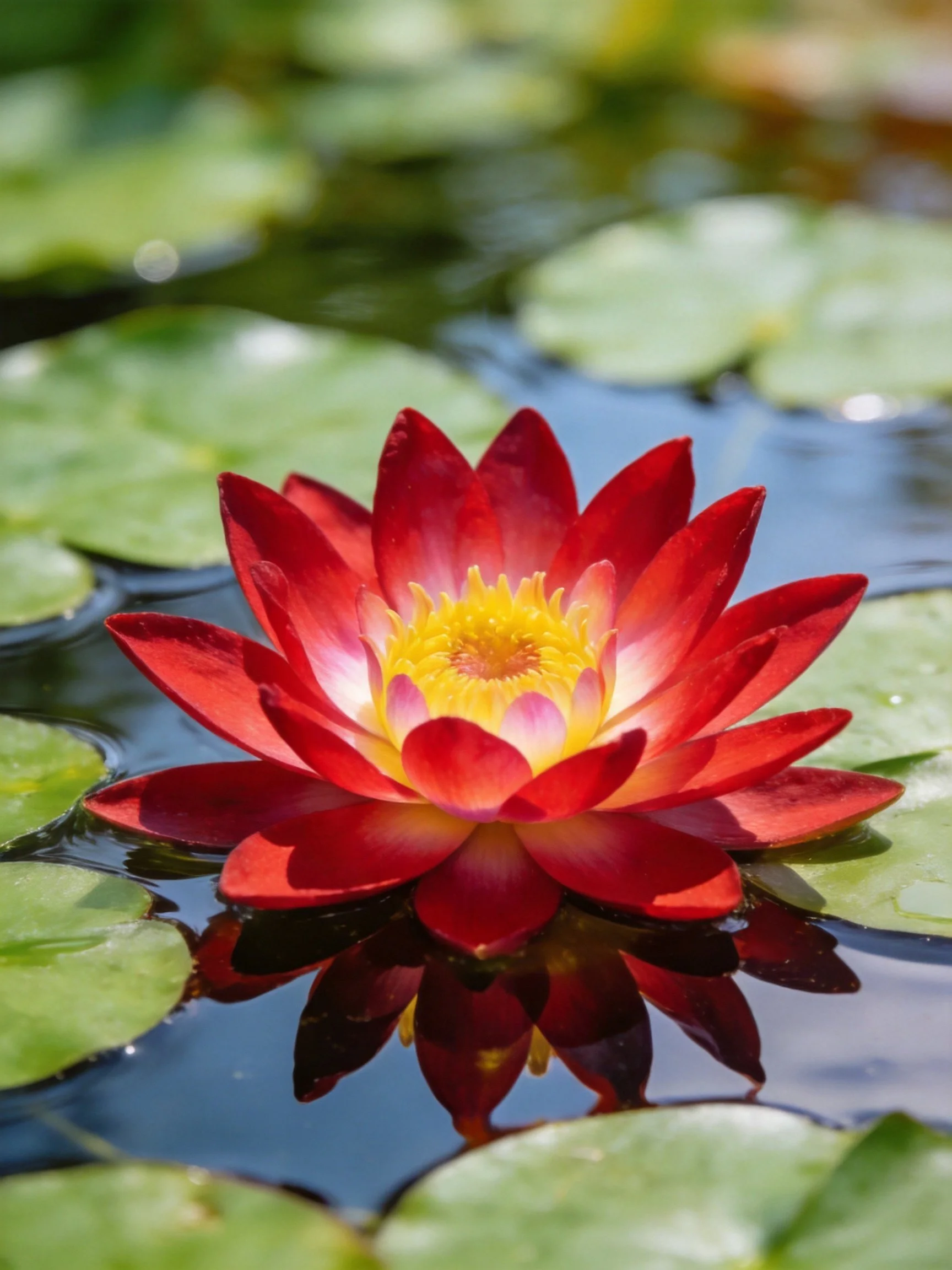 A vibrant red water lily floats amid green lily pads