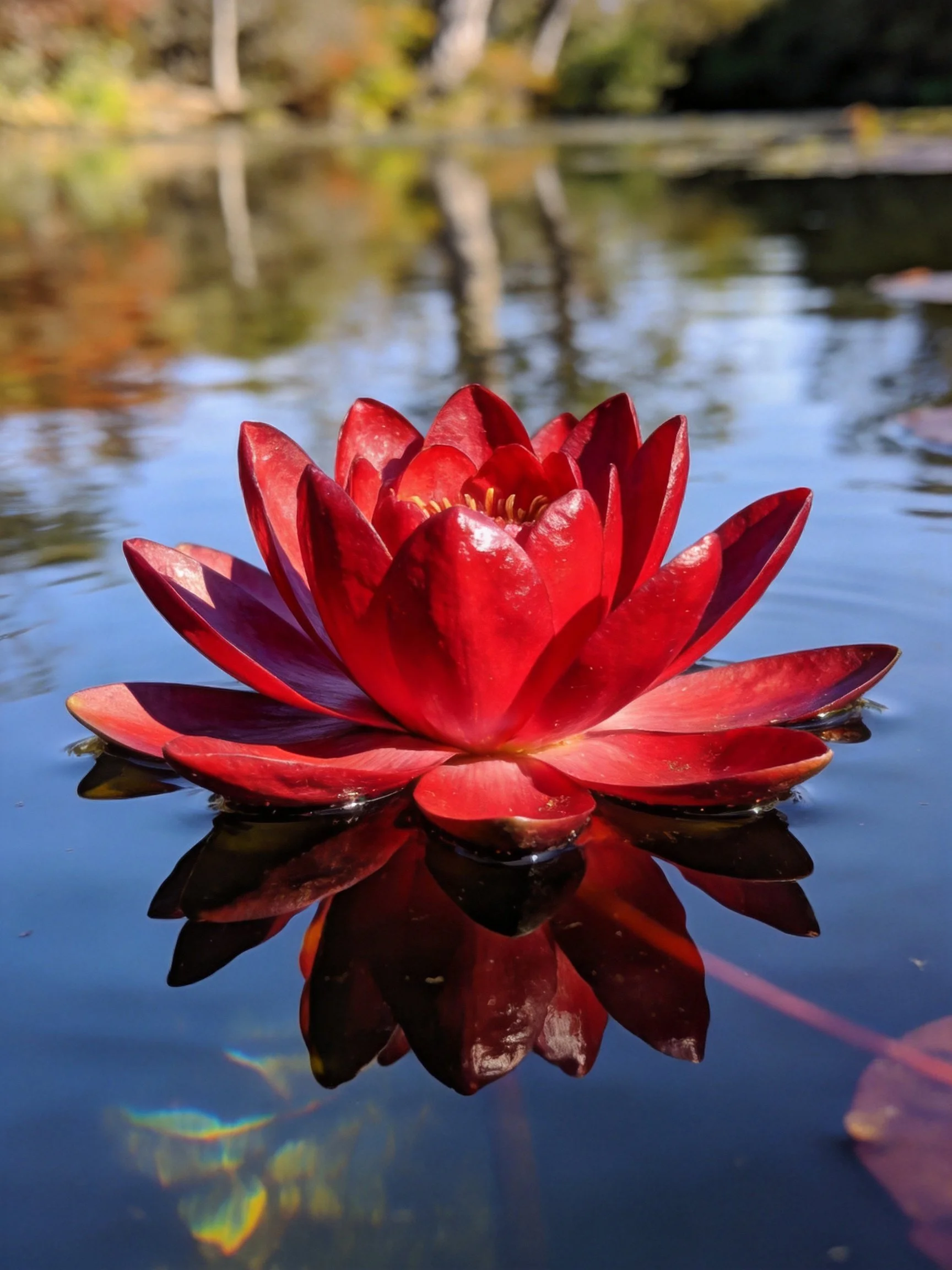 A vibrant red water lily floats on calm water