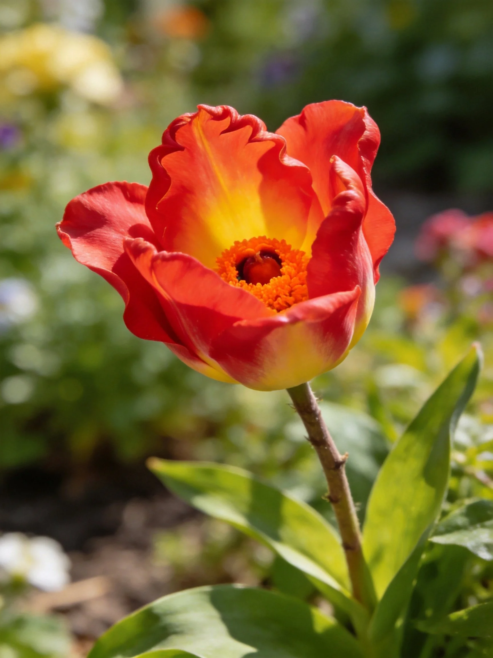 A vibrant red-yellow tulip with ruffled petals in a garden