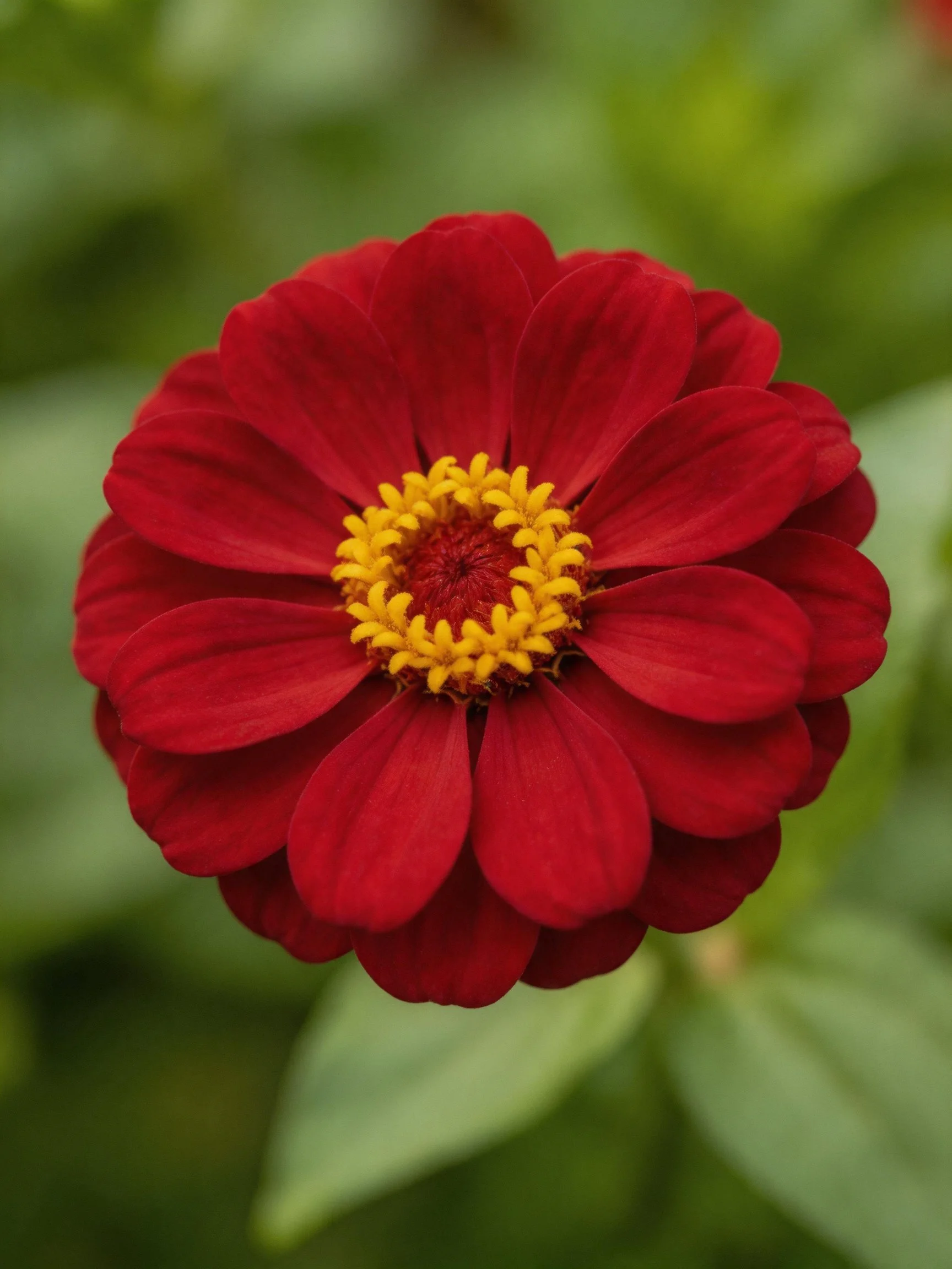 A vibrant red zinnia with layered petals and golden center