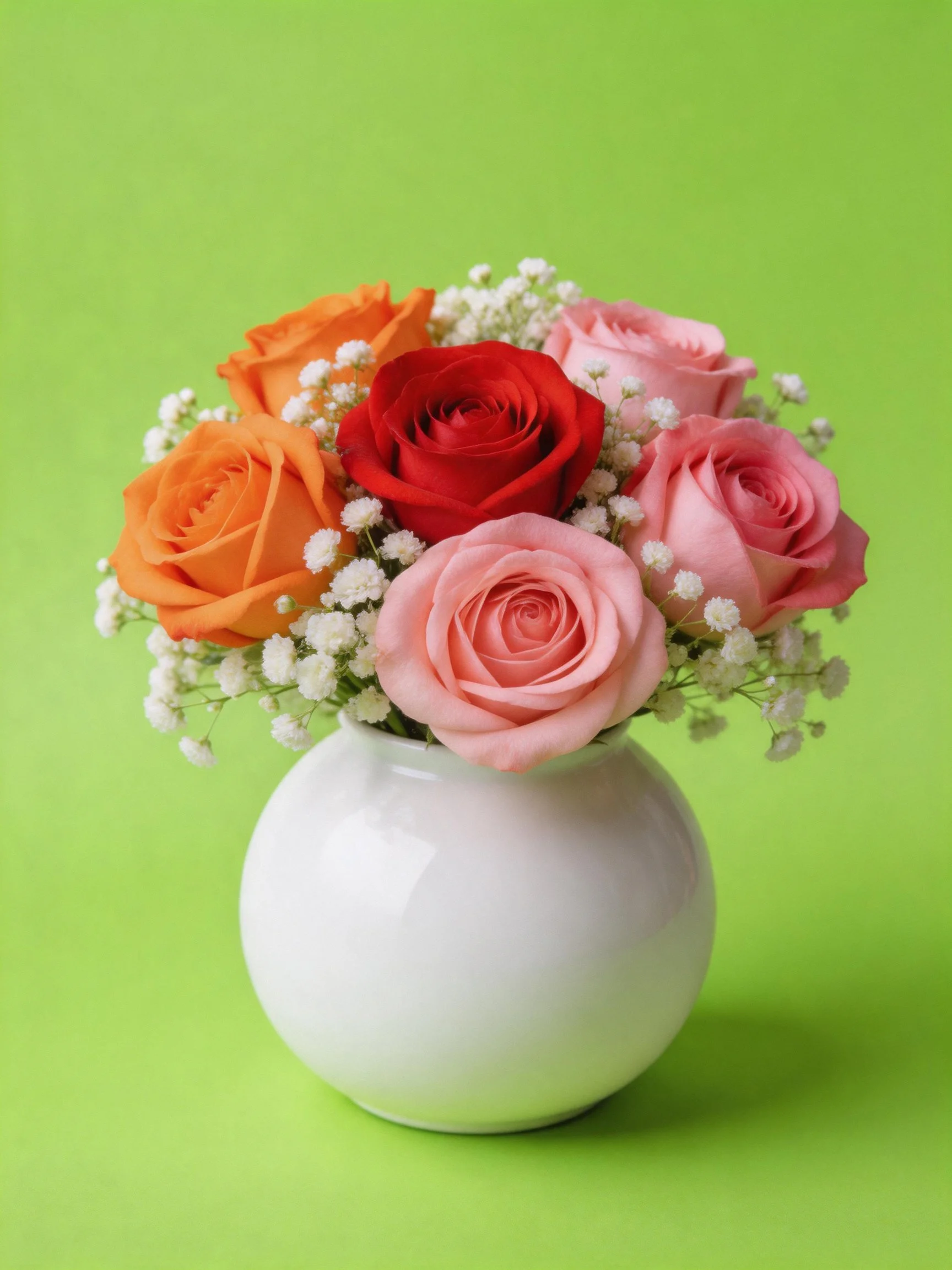 A vibrant rose bouquet with orange, red, pink roses and baby’s breath in a white vase