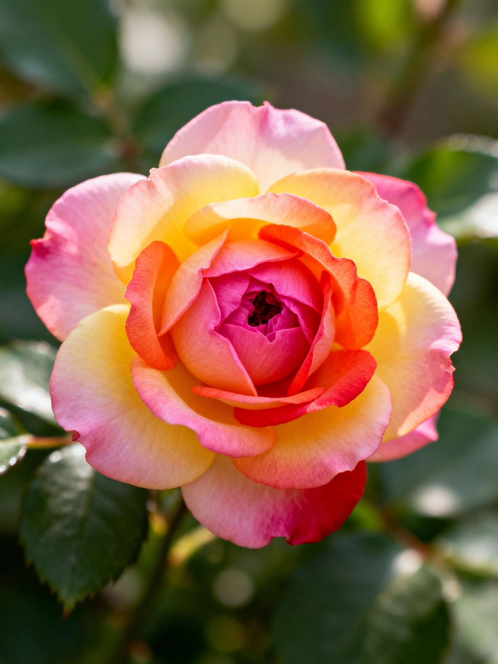 A vibrant rose with layered pink, yellow, and orange petals