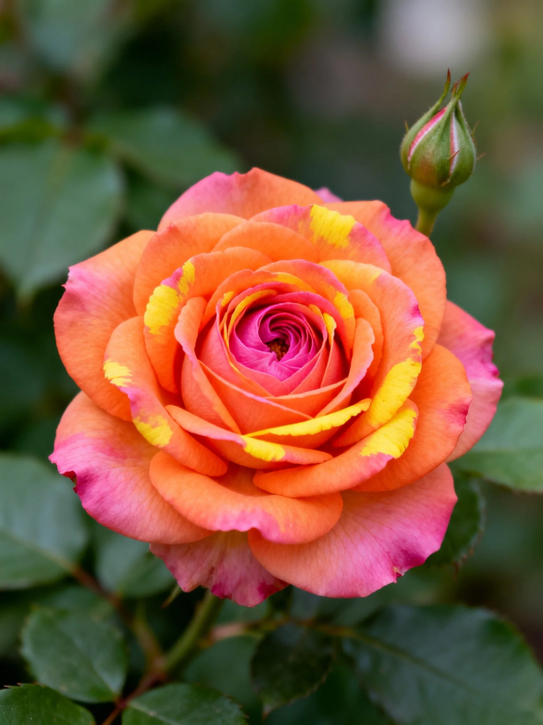 A vibrant rose with orange, pink, and yellow petals