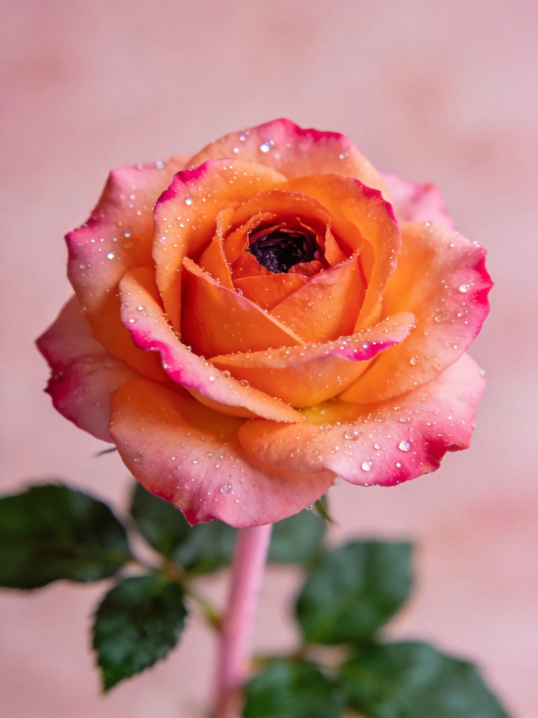 A vibrant rose with orange-pink petals and water droplets