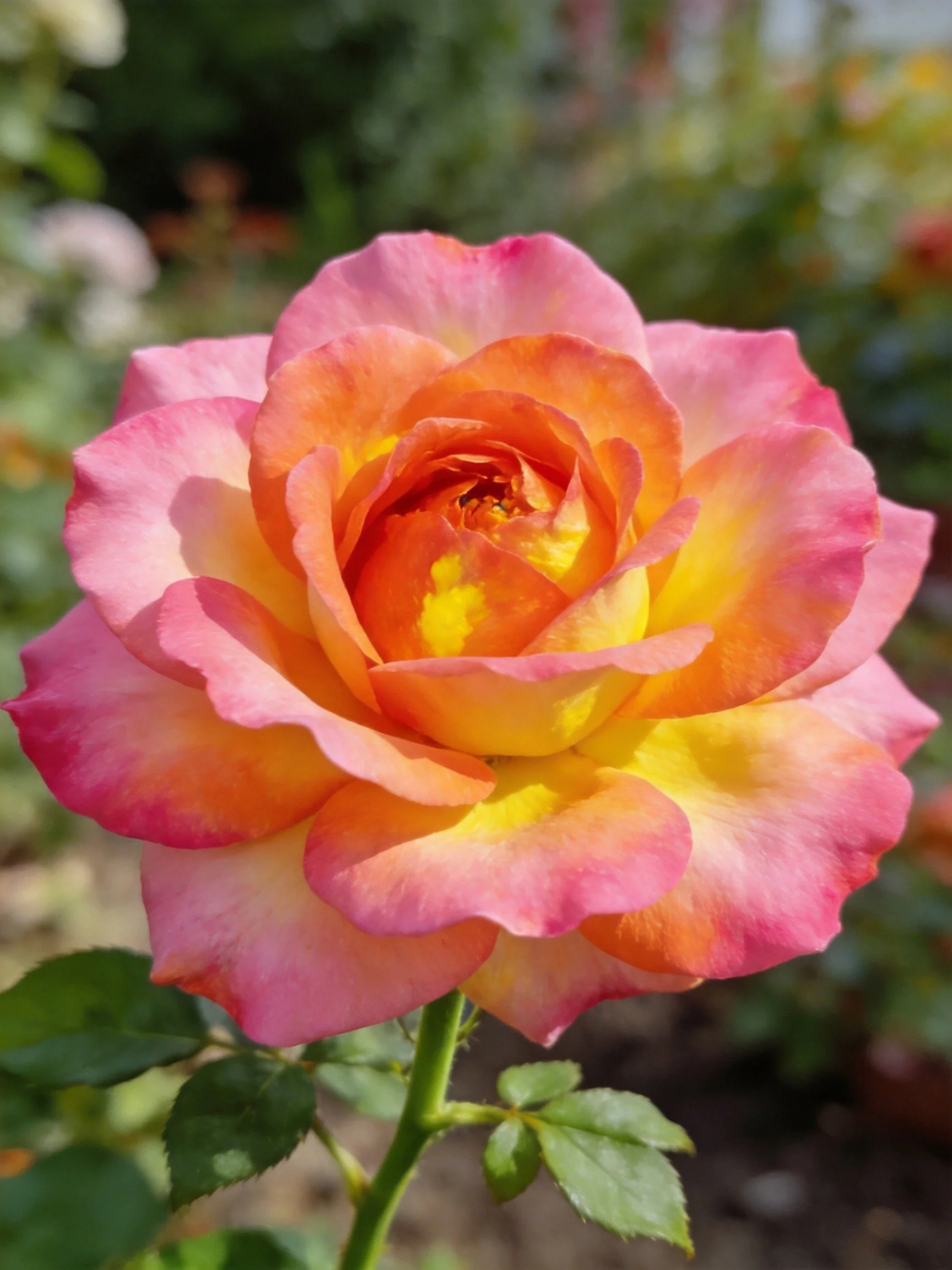 A vibrant rose with pink, orange, and yellow petals