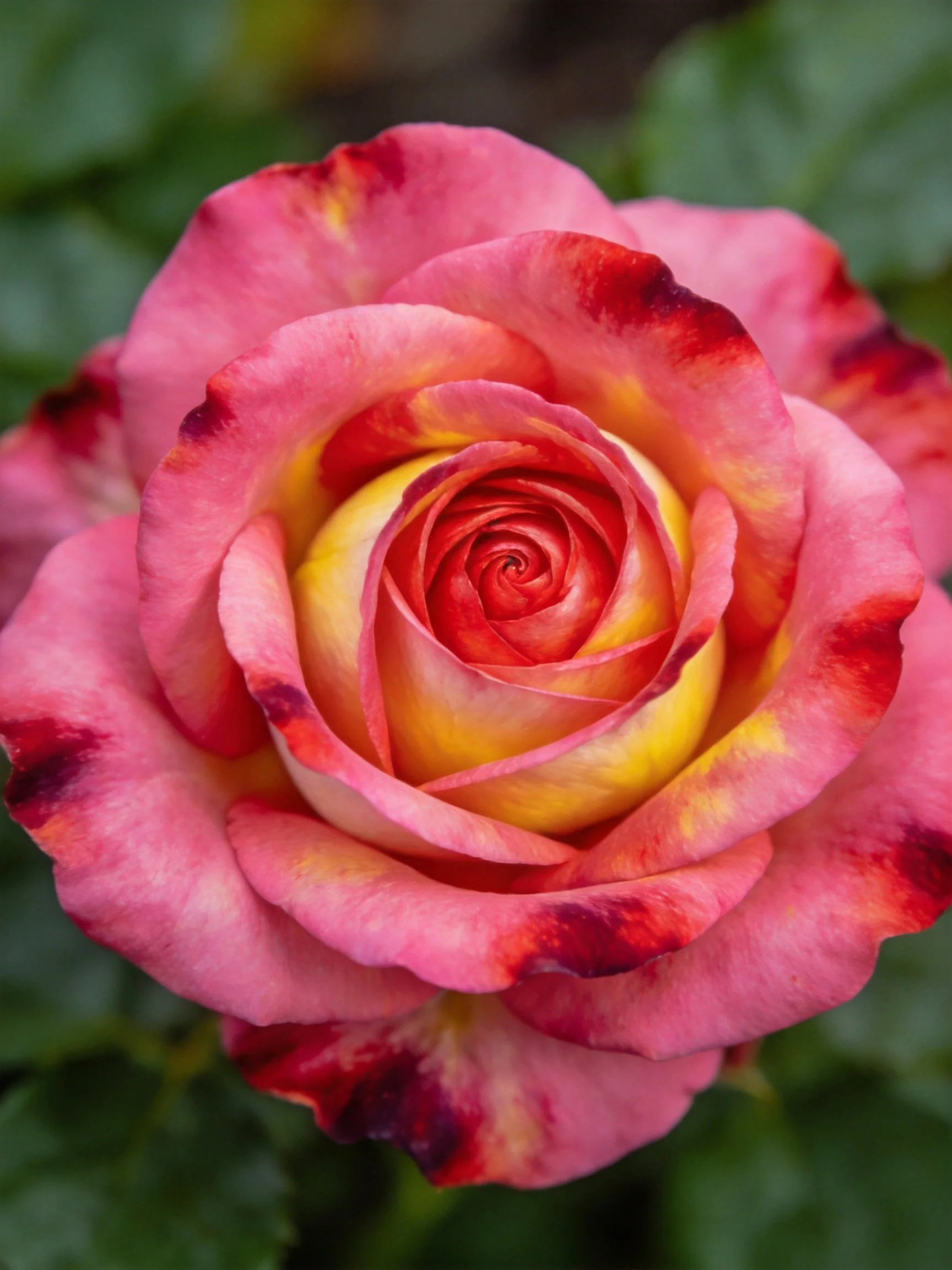 A vibrant rose with pink, red, and yellow petals