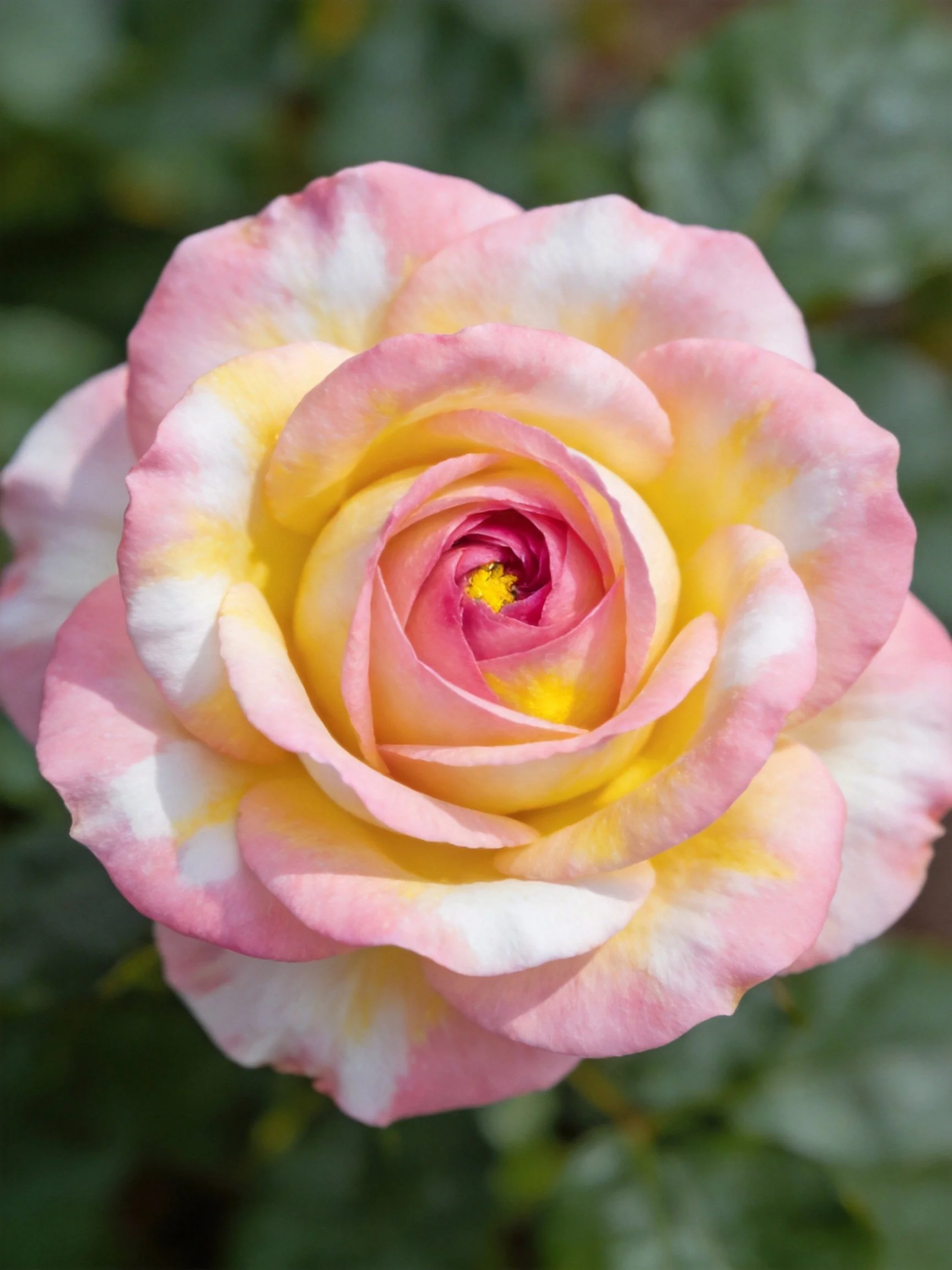 A vibrant rose with pink, yellow, and white petals