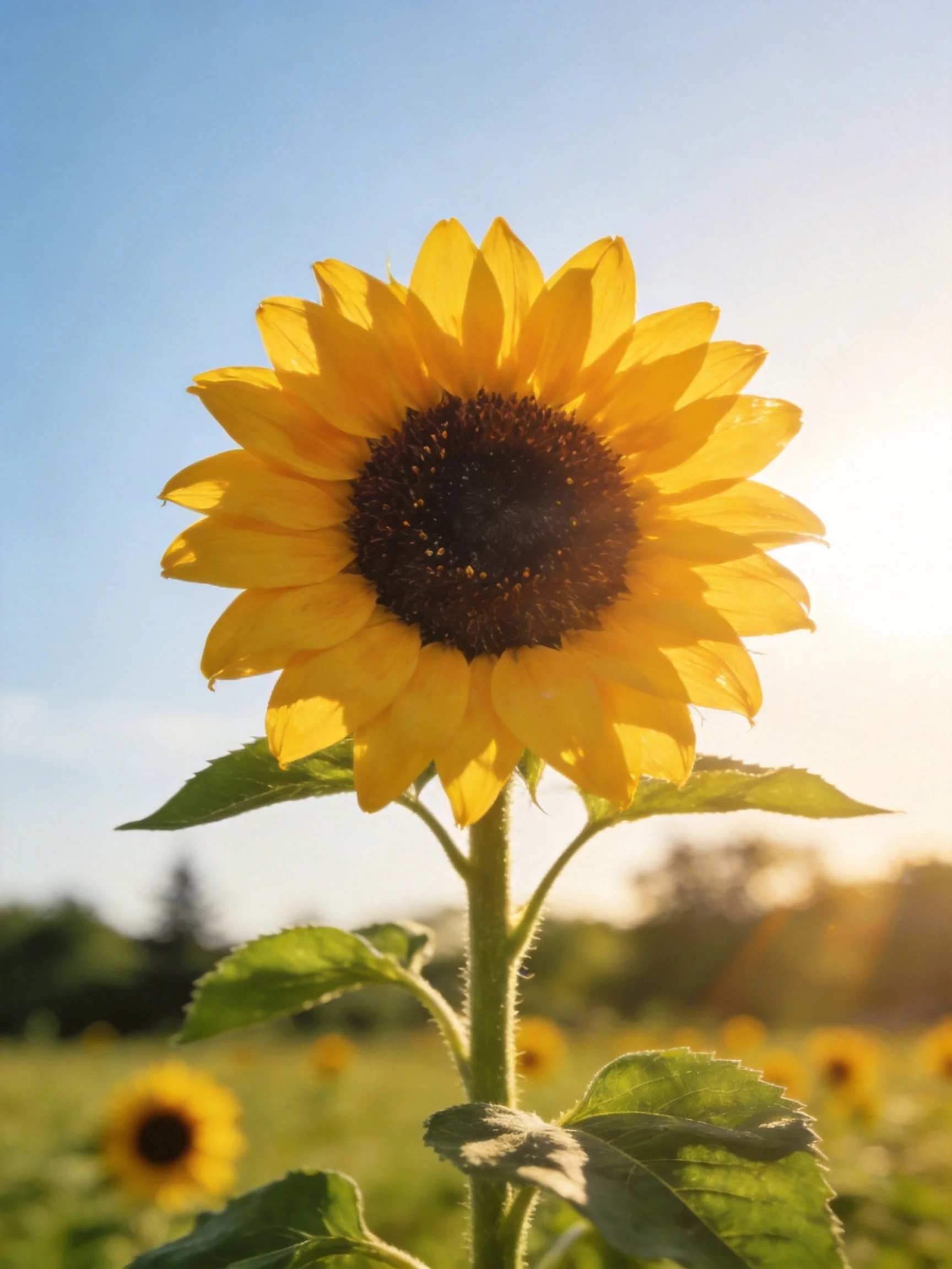 A vibrant sunflower blooms against a clear blue sky