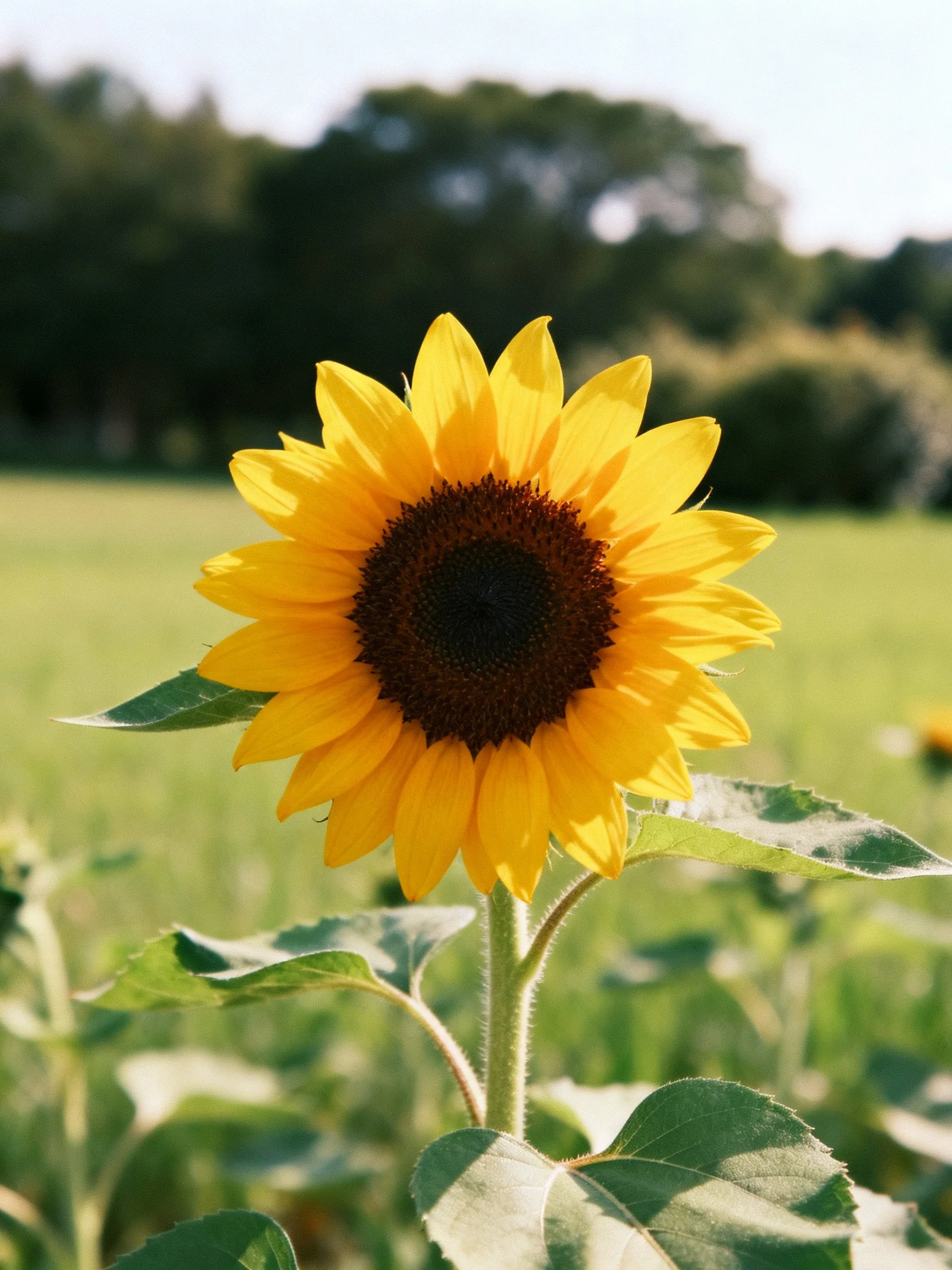 A vibrant sunflower blooms in a sunlit green meadow