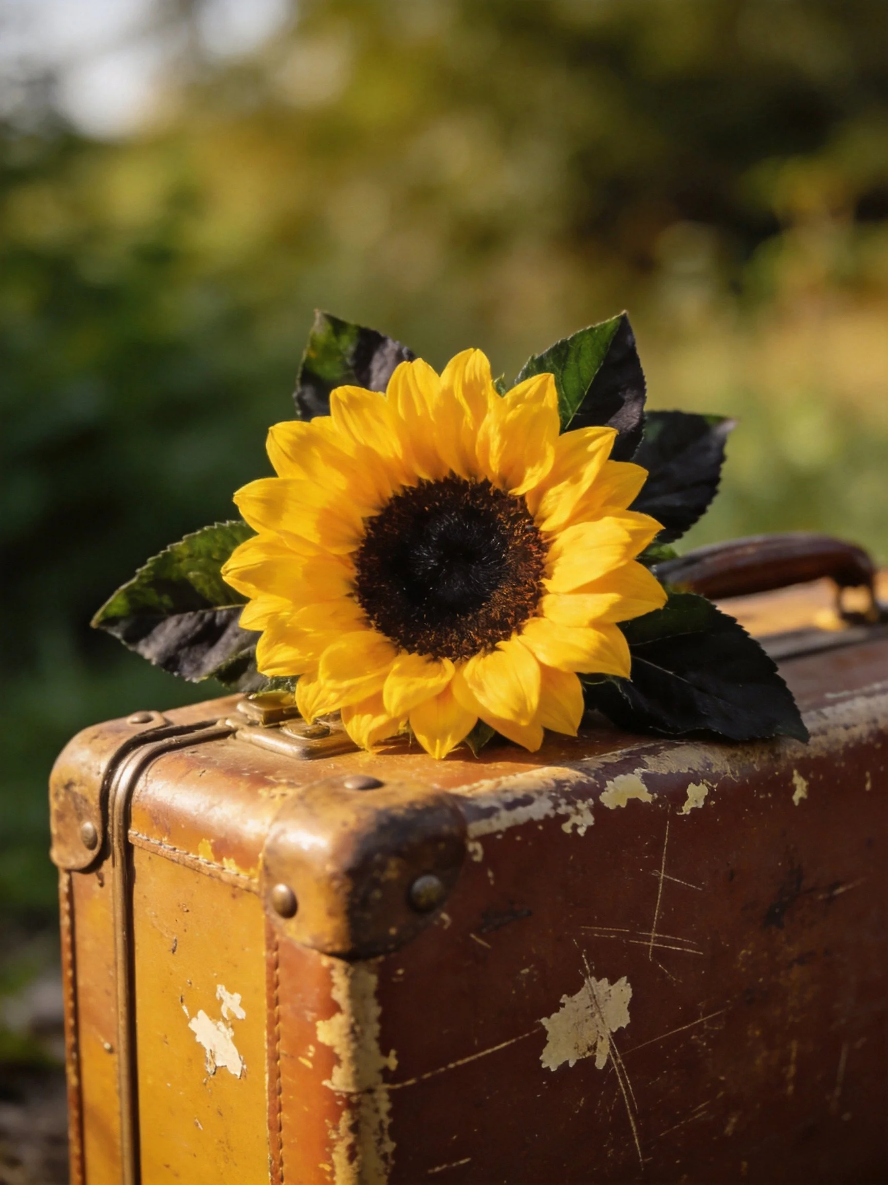 A vibrant sunflower rests atop a weathered brown suitcase
