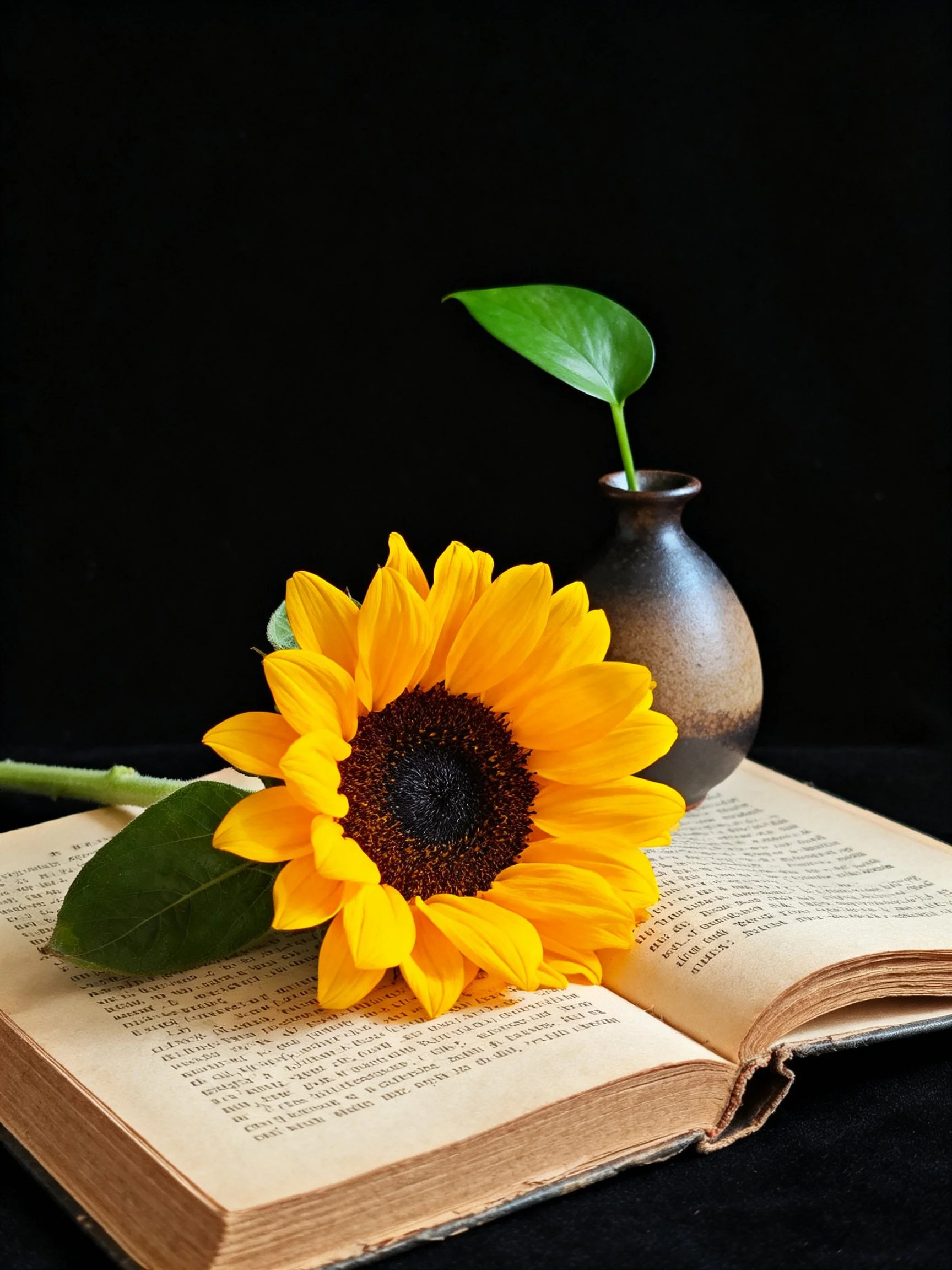 A vibrant sunflower rests on an aged open book near a small vase