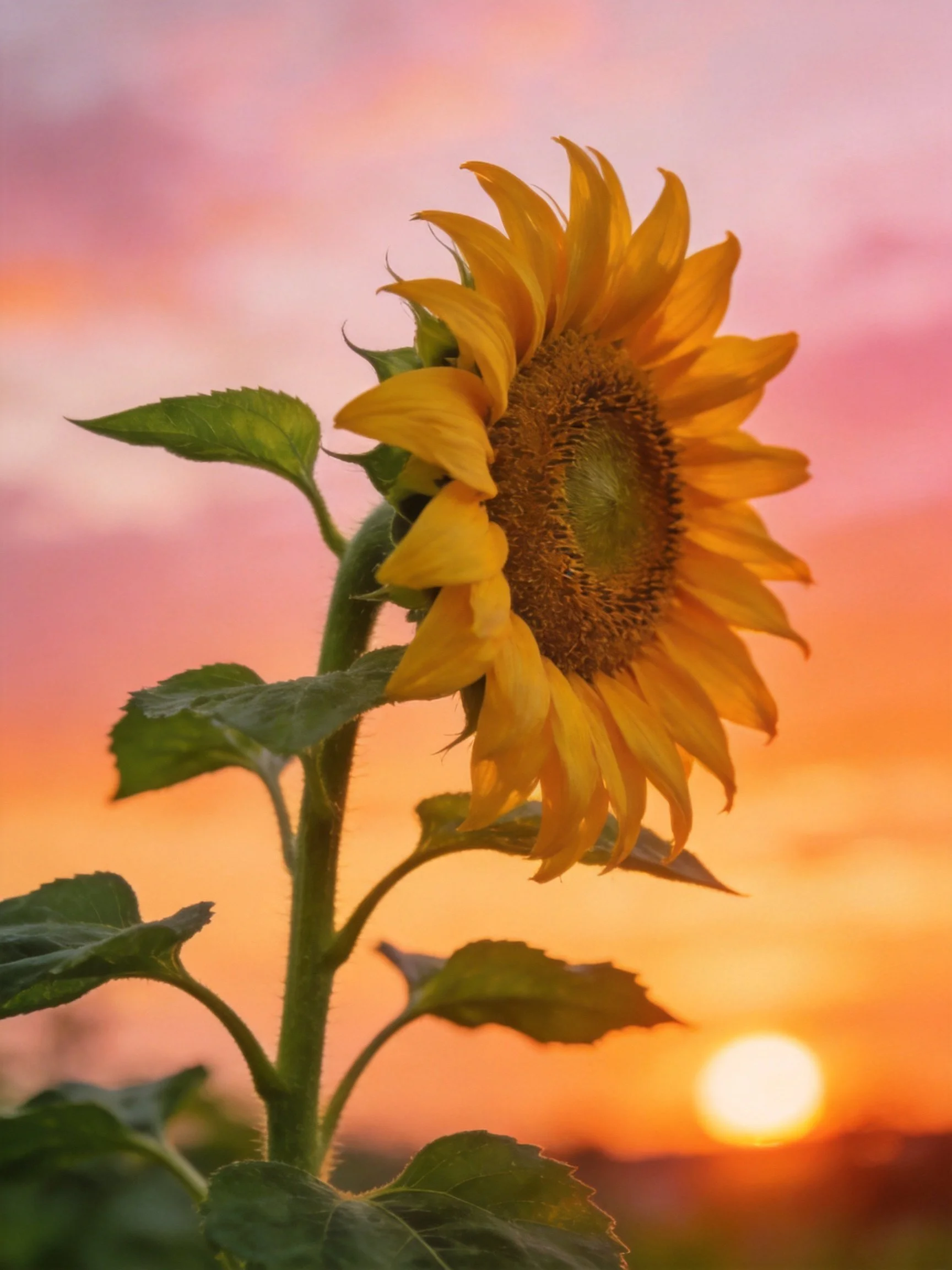 A vibrant sunflower stands before a pink-orange sunset sky