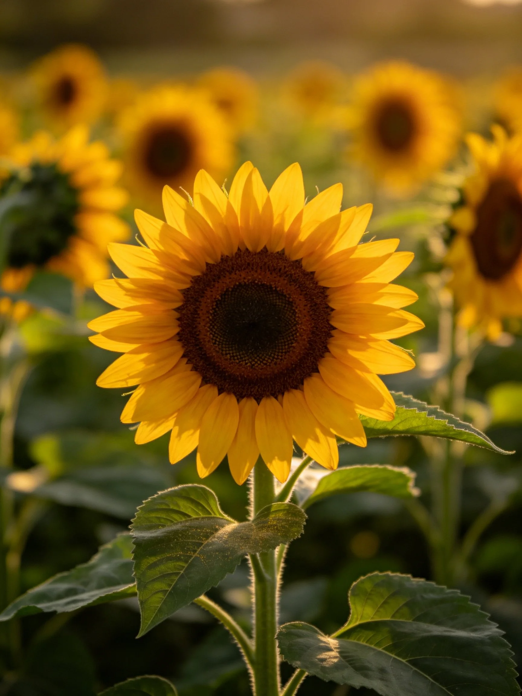 A vibrant sunflower stands central among blurred yellow blooms