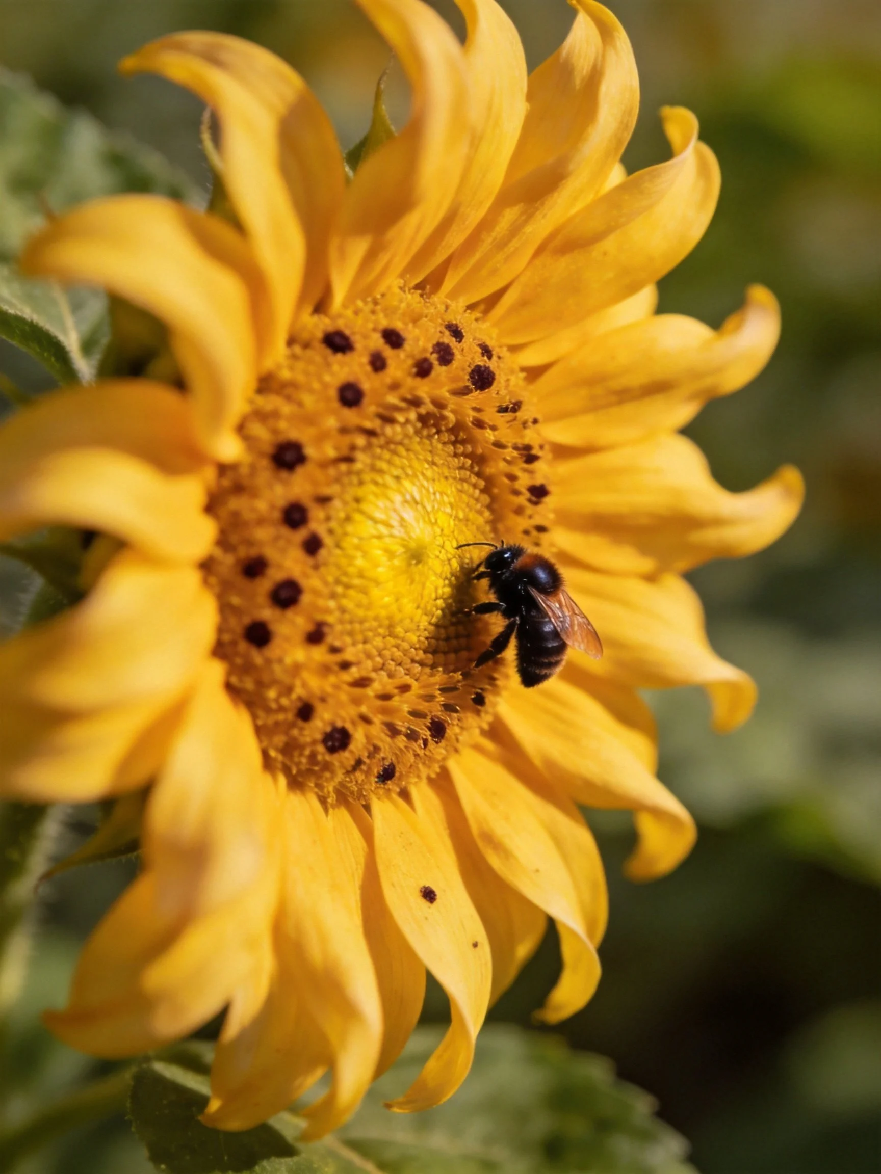 A vibrant sunflower with a black bee on its center