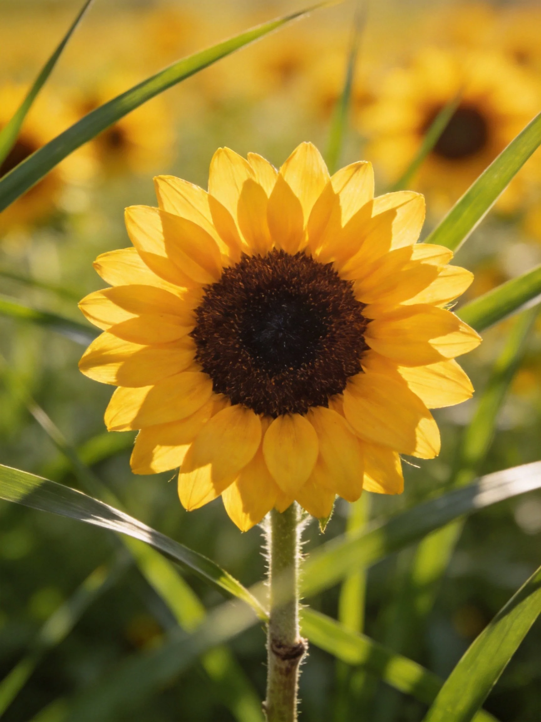 A vibrant sunflower with bright yellow petals and dark brown center