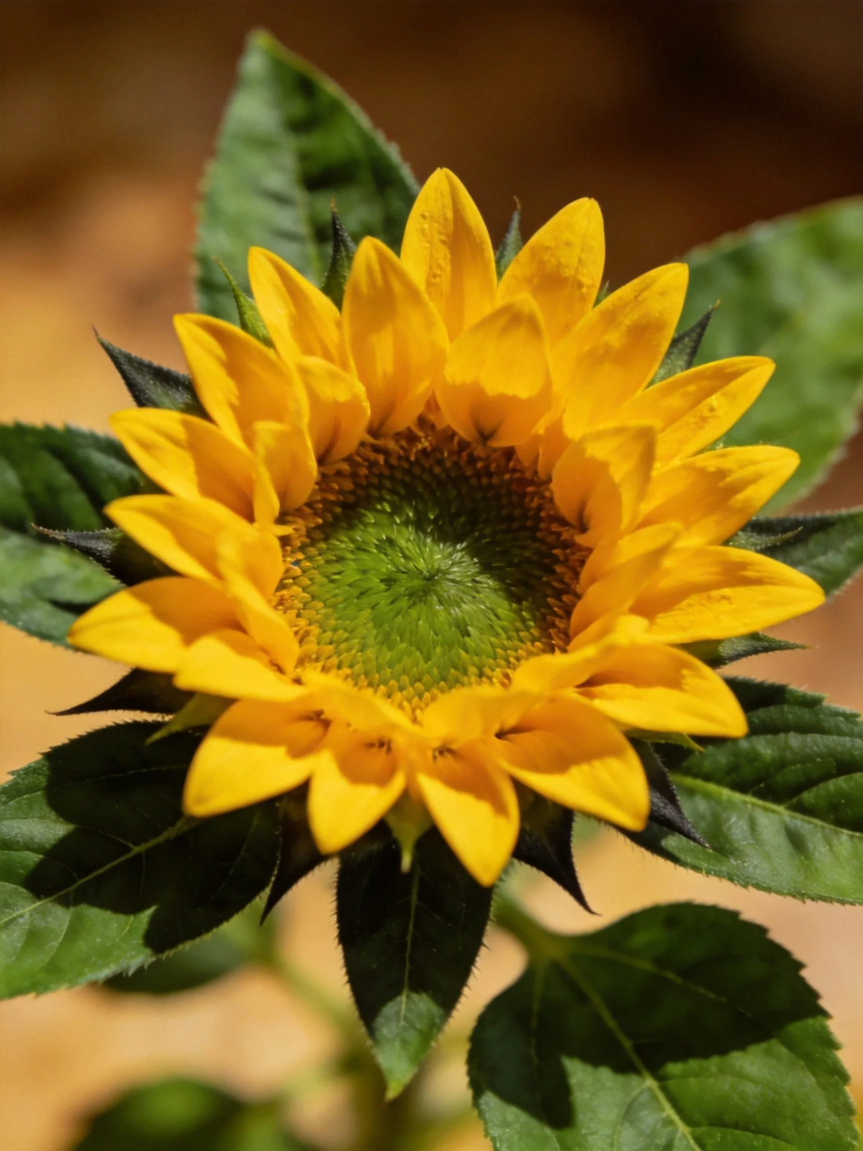 A vibrant sunflower with bright yellow petals and lush green leaves