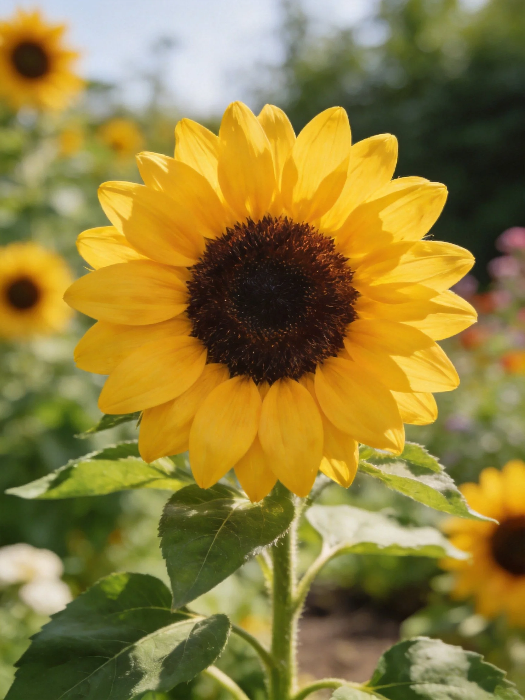 A vibrant sunflower with dark center amid blurred sunflowers