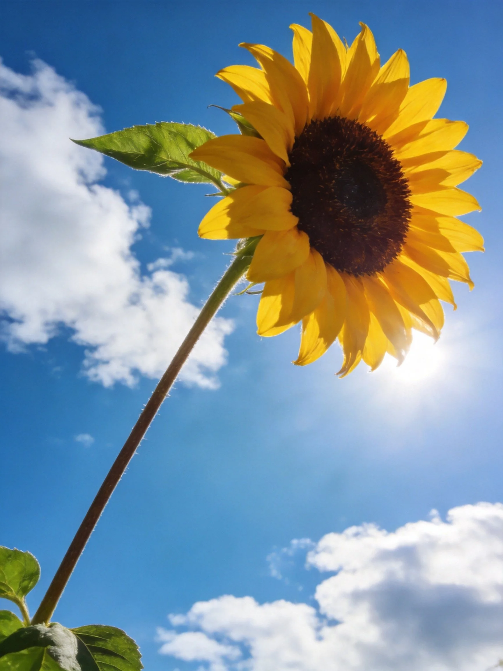 A vibrant sunflower with golden petals against a bright blue sky