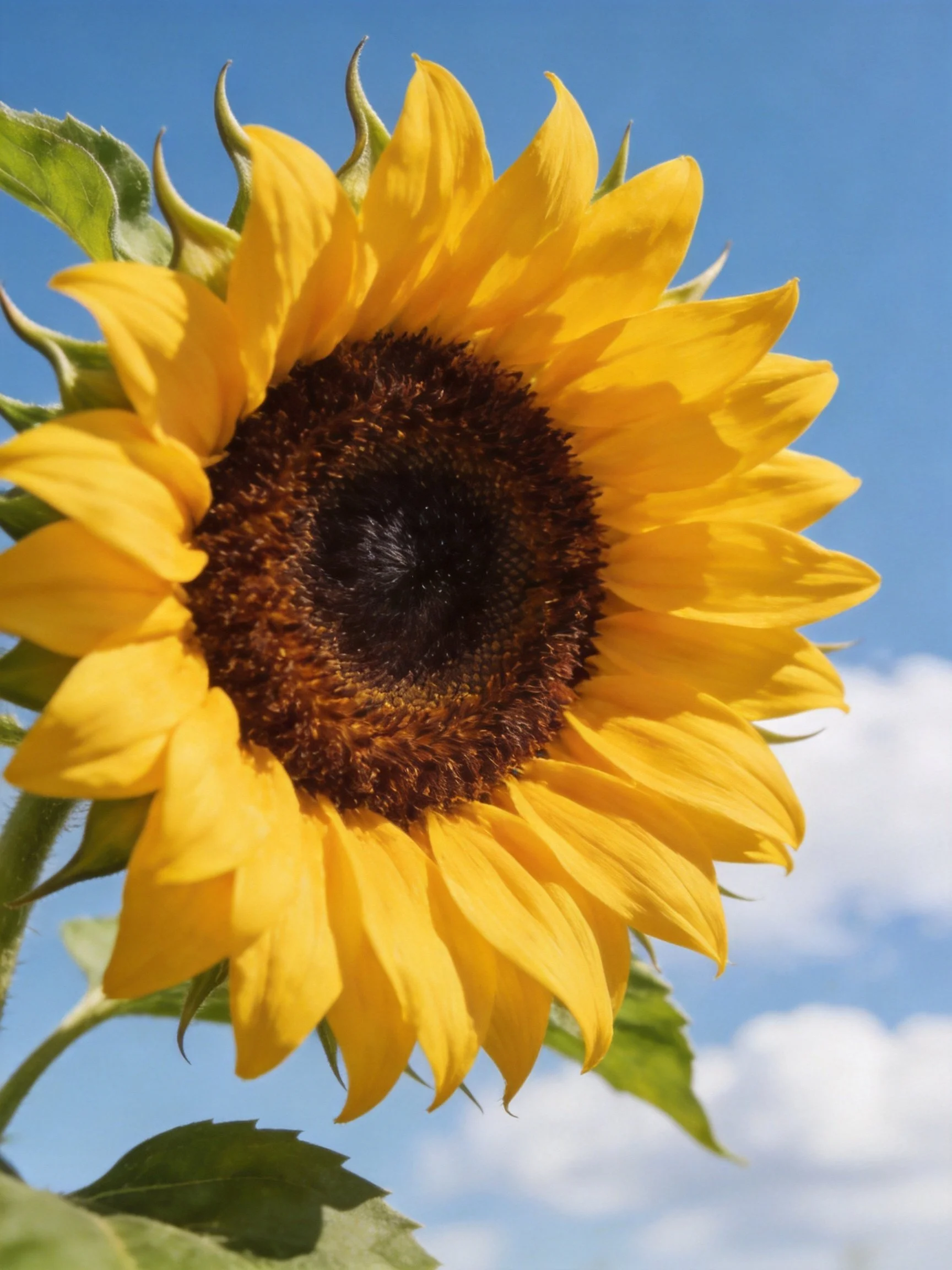 A vibrant sunflower with golden petals against a clear blue sky