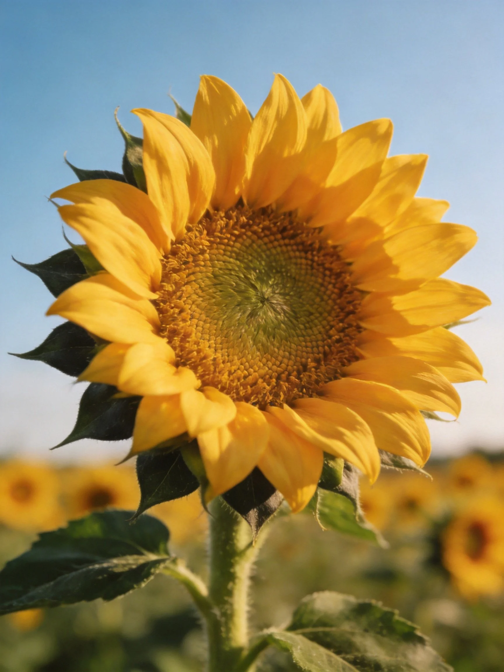 A vibrant sunflower with golden petals against a clear blue sky
