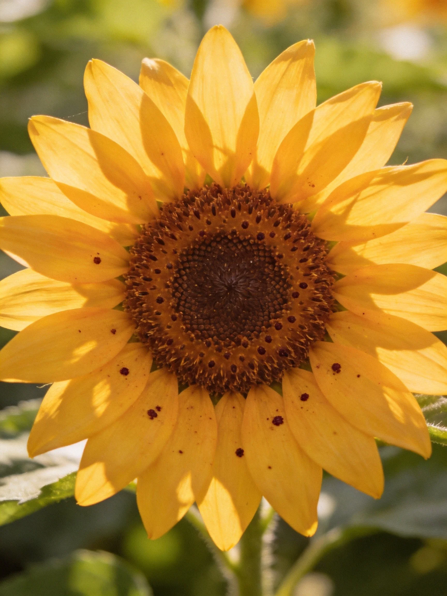 A vibrant sunflower with golden petals and a dark brown center