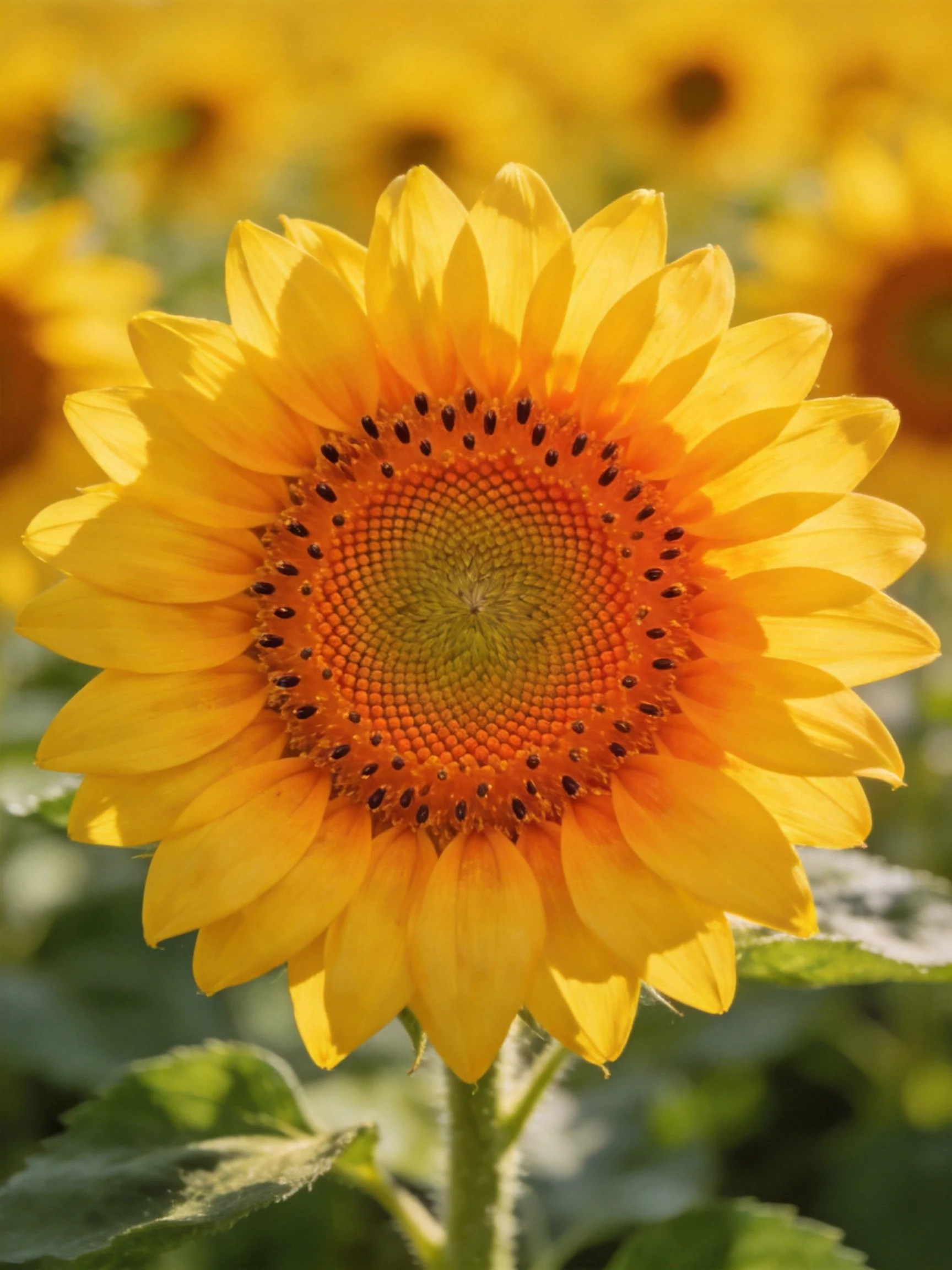 A vibrant sunflower with golden petals and an orange center