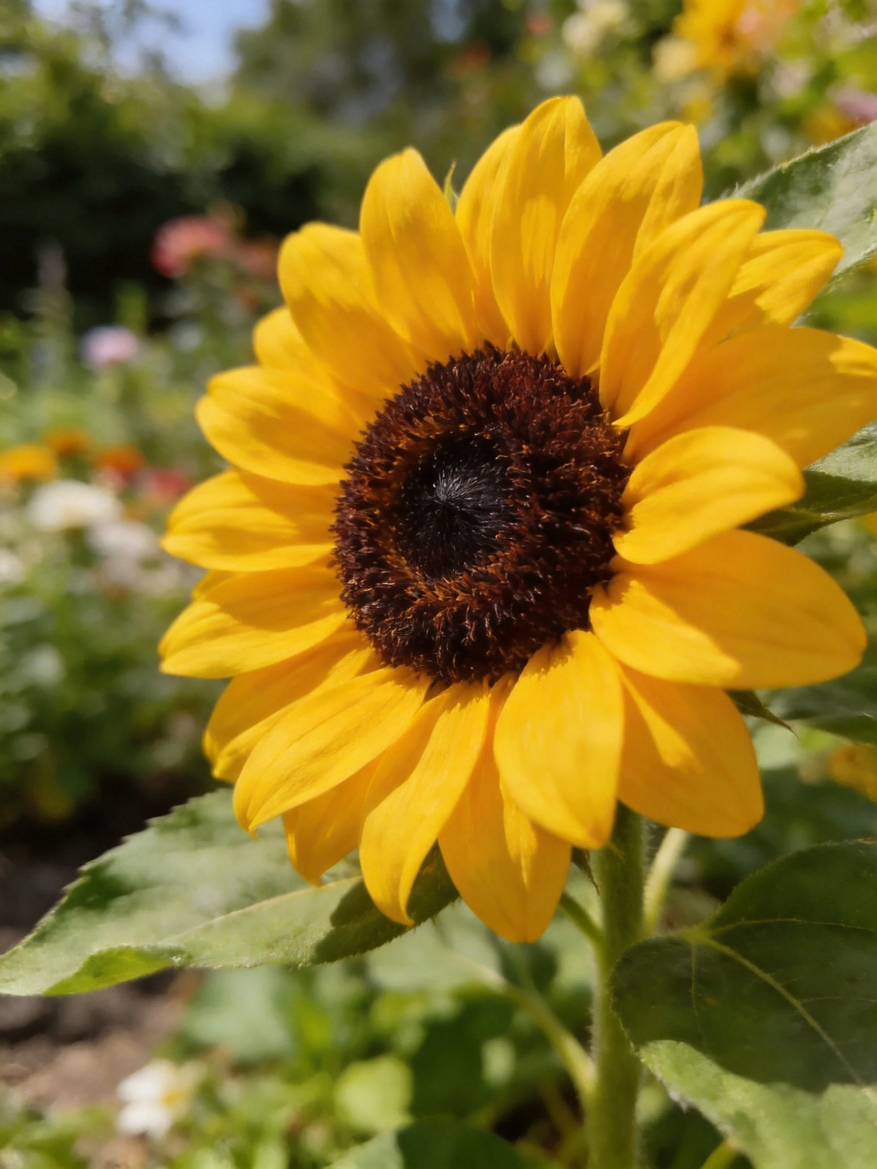 A vibrant sunflower with golden petals and dark brown center