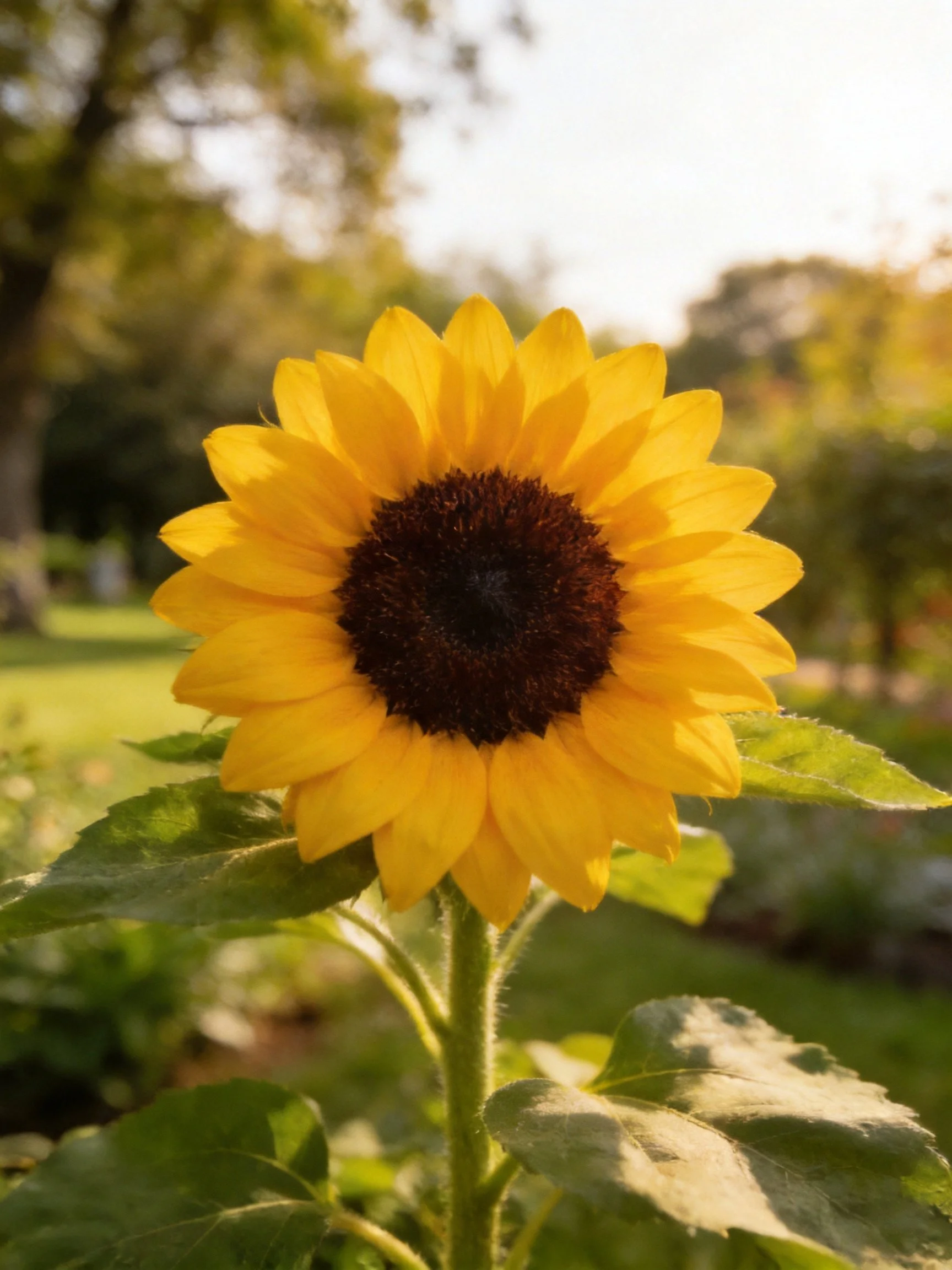 A vibrant sunflower with golden petals and dark brown center