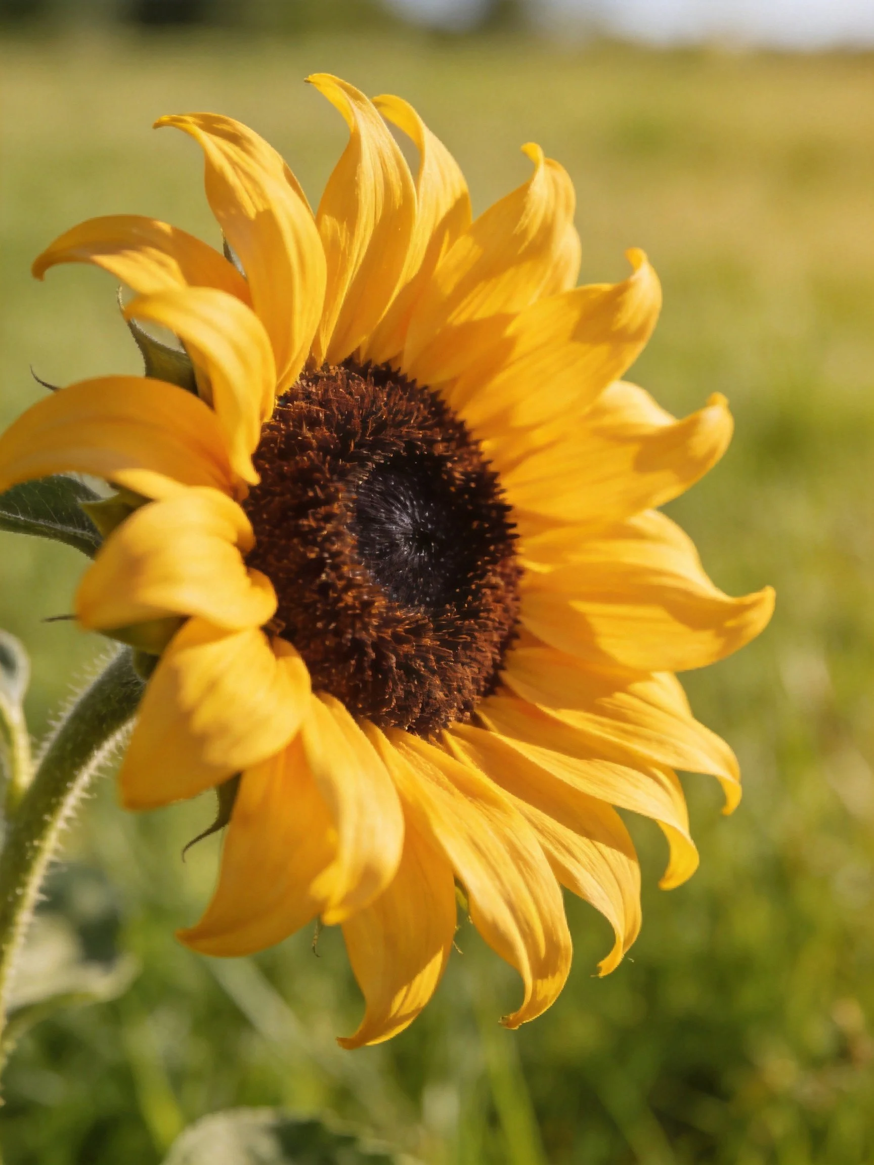 A vibrant sunflower with golden petals and dark brown center in a sunlit meadow