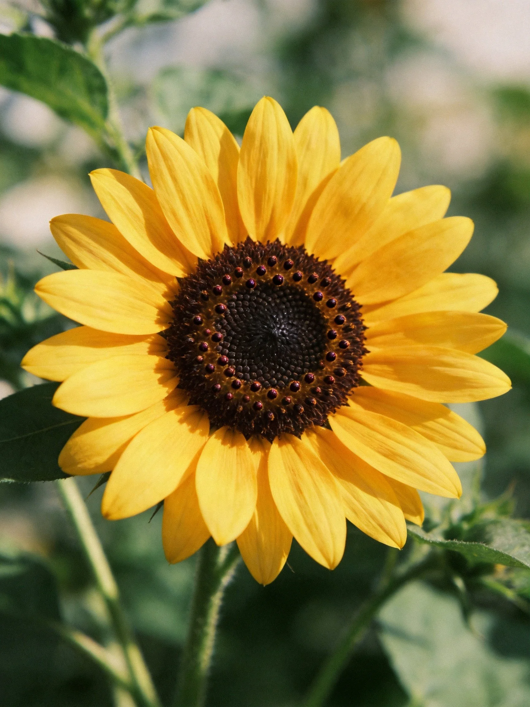 A vibrant sunflower with golden petals and dark brown center