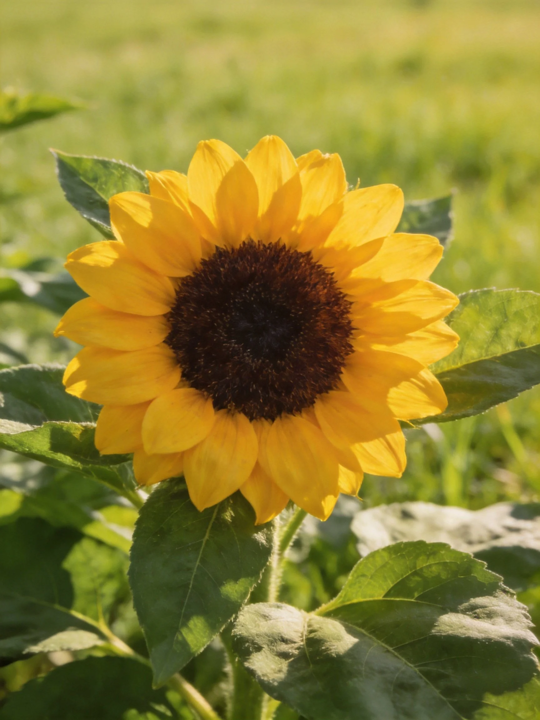 A vibrant sunflower with golden petals and dark brown center