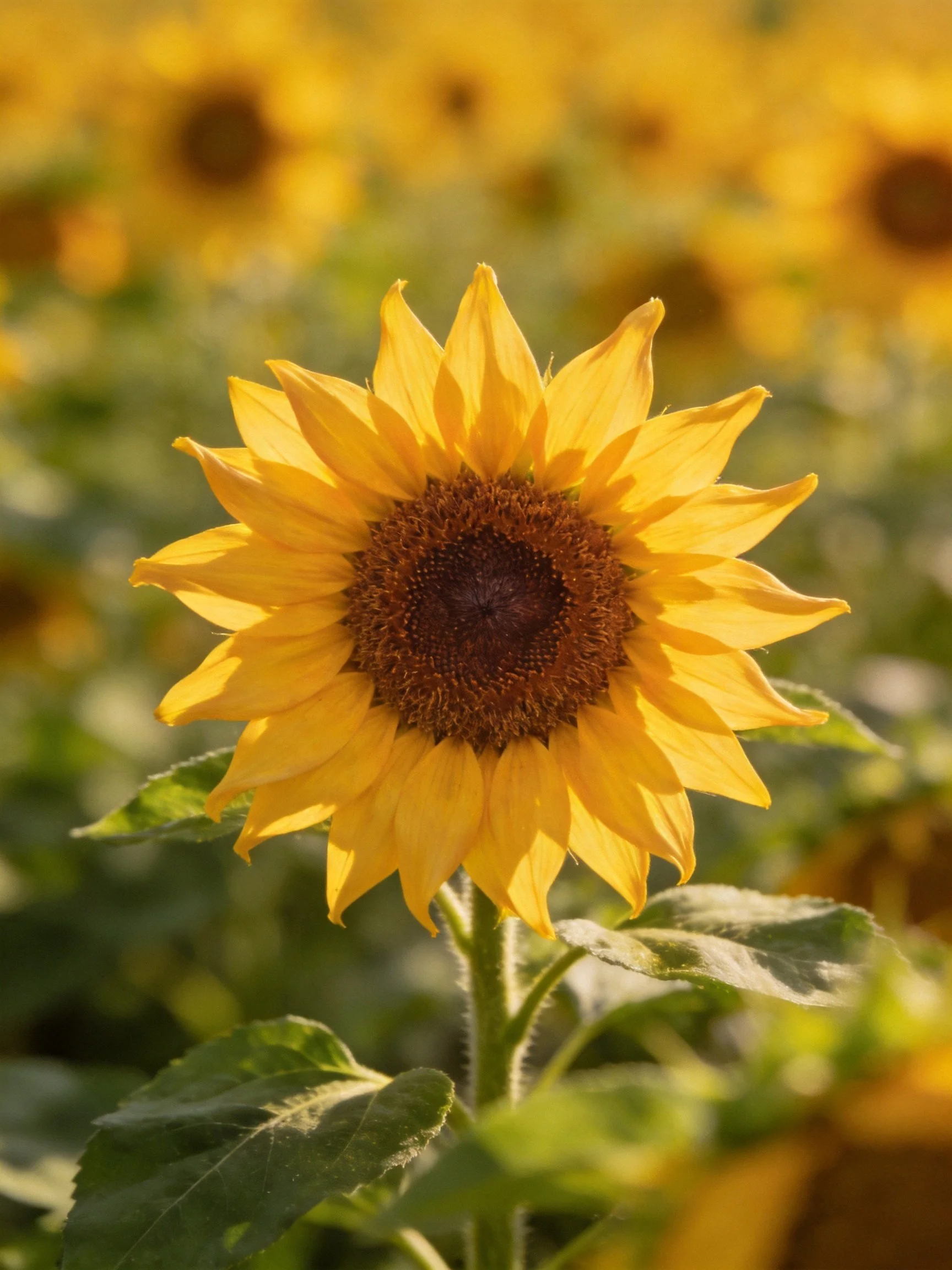 A vibrant sunflower with golden petals and dark brown center