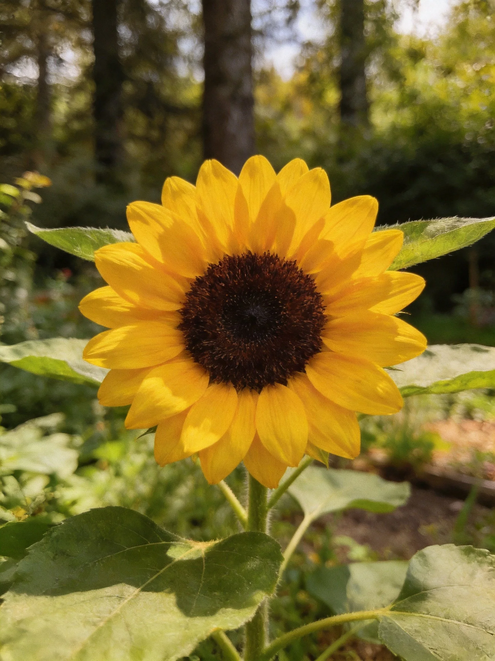 A vibrant sunflower with golden petals and dark center amidst green foliage