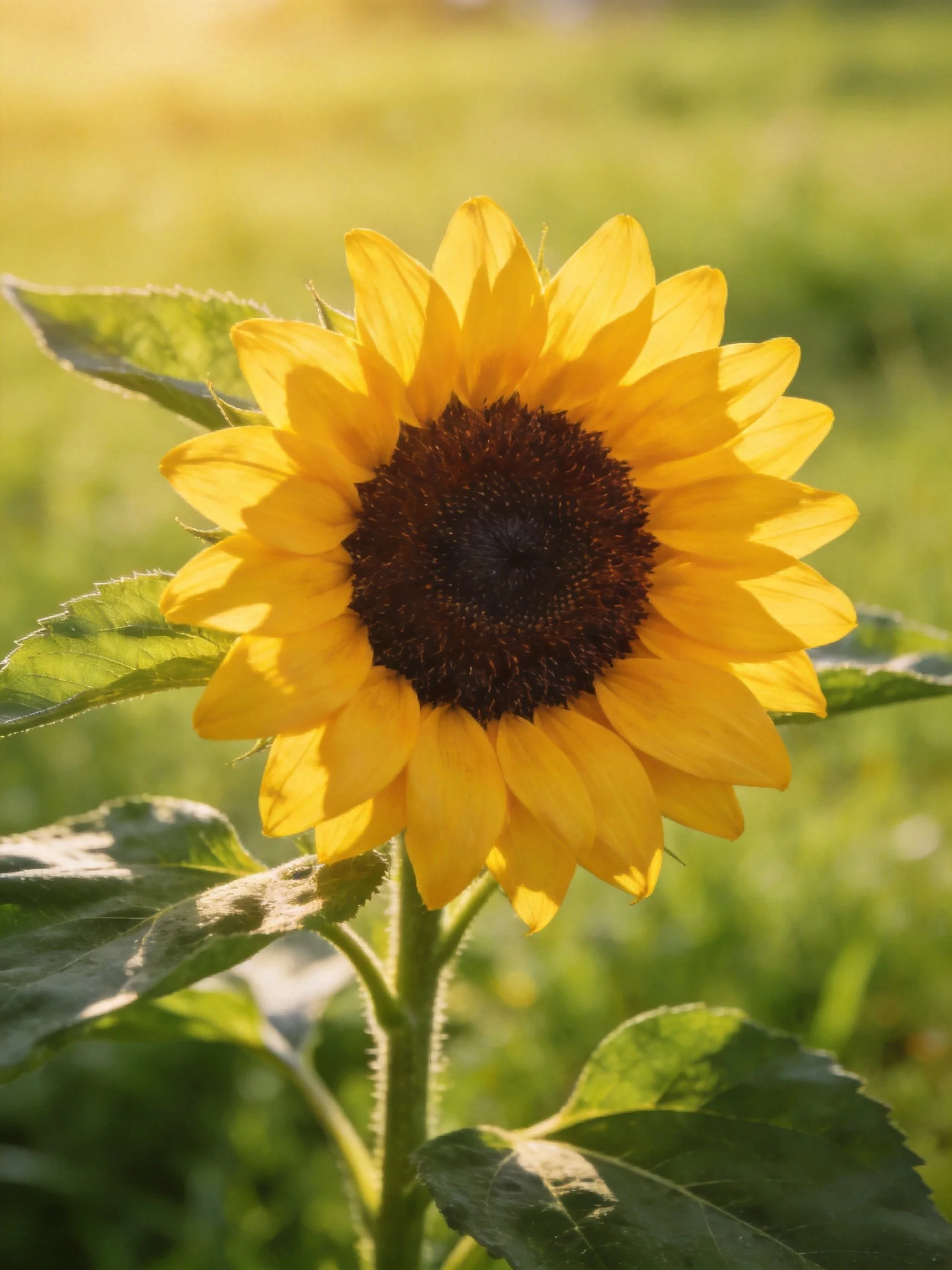 A vibrant sunflower with golden petals and dark center amidst green foliage