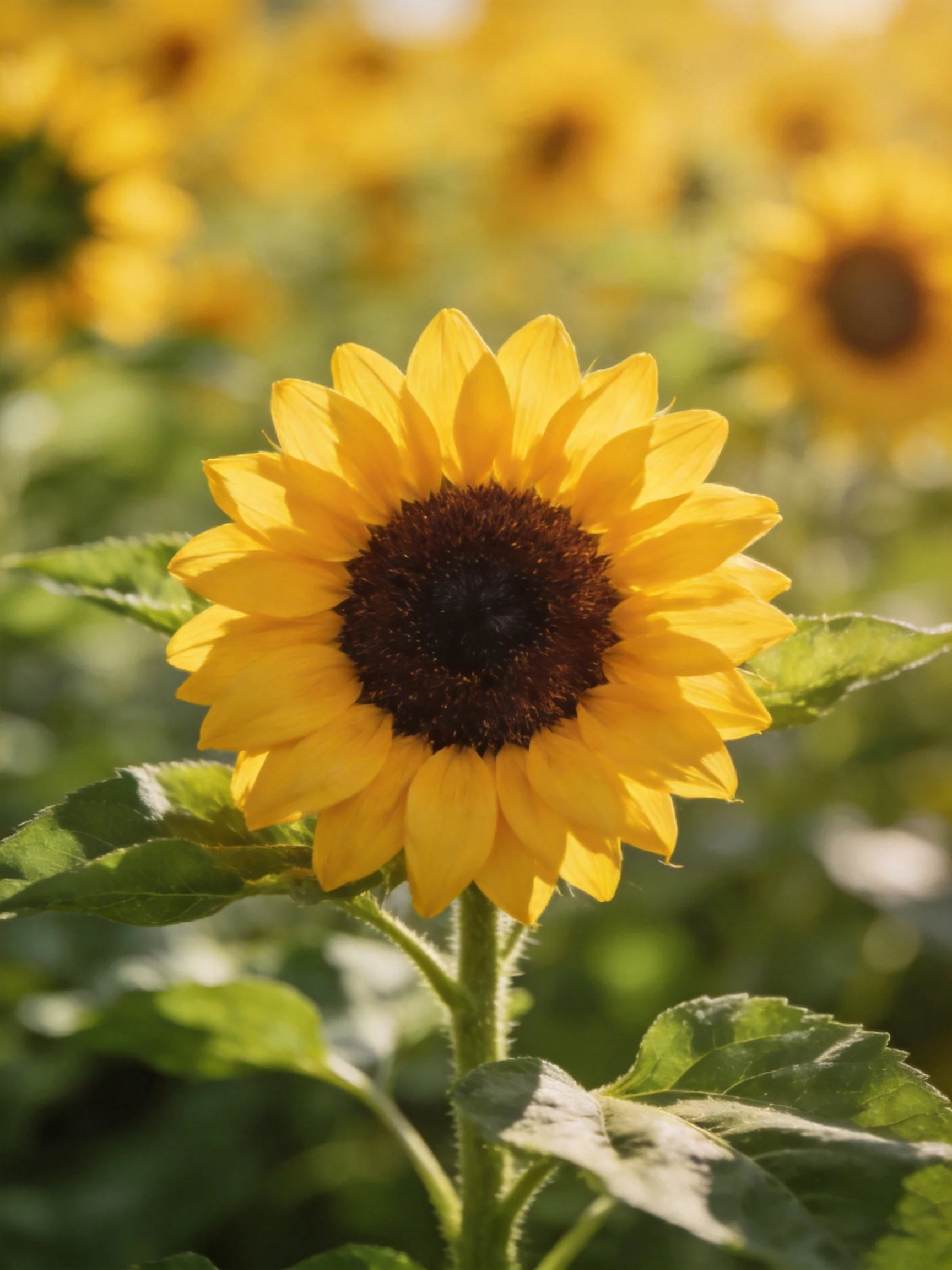 A vibrant sunflower with golden petals and dark center in a sunflower field