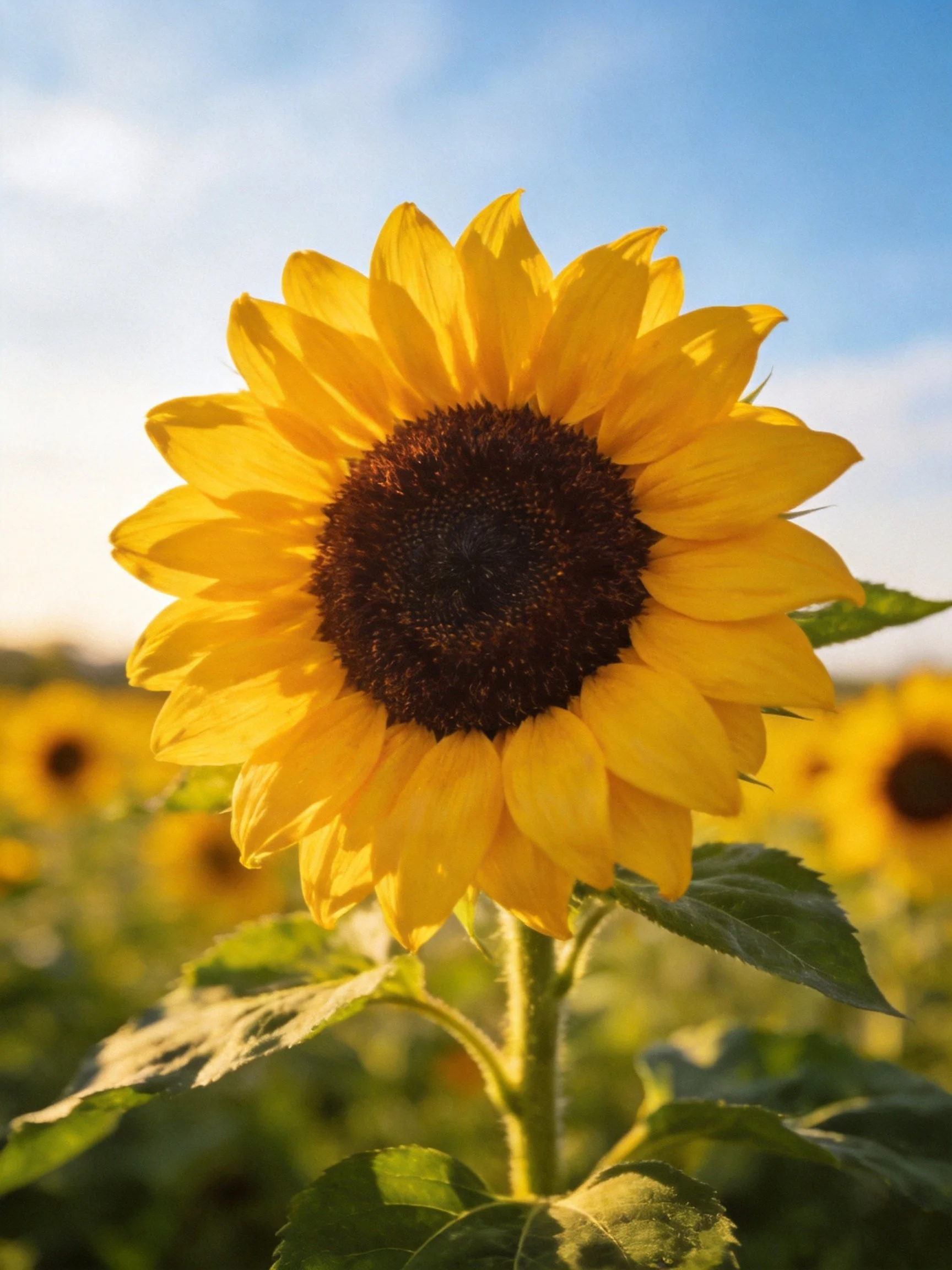 A vibrant sunflower with golden petals and dark center in a sunflower field