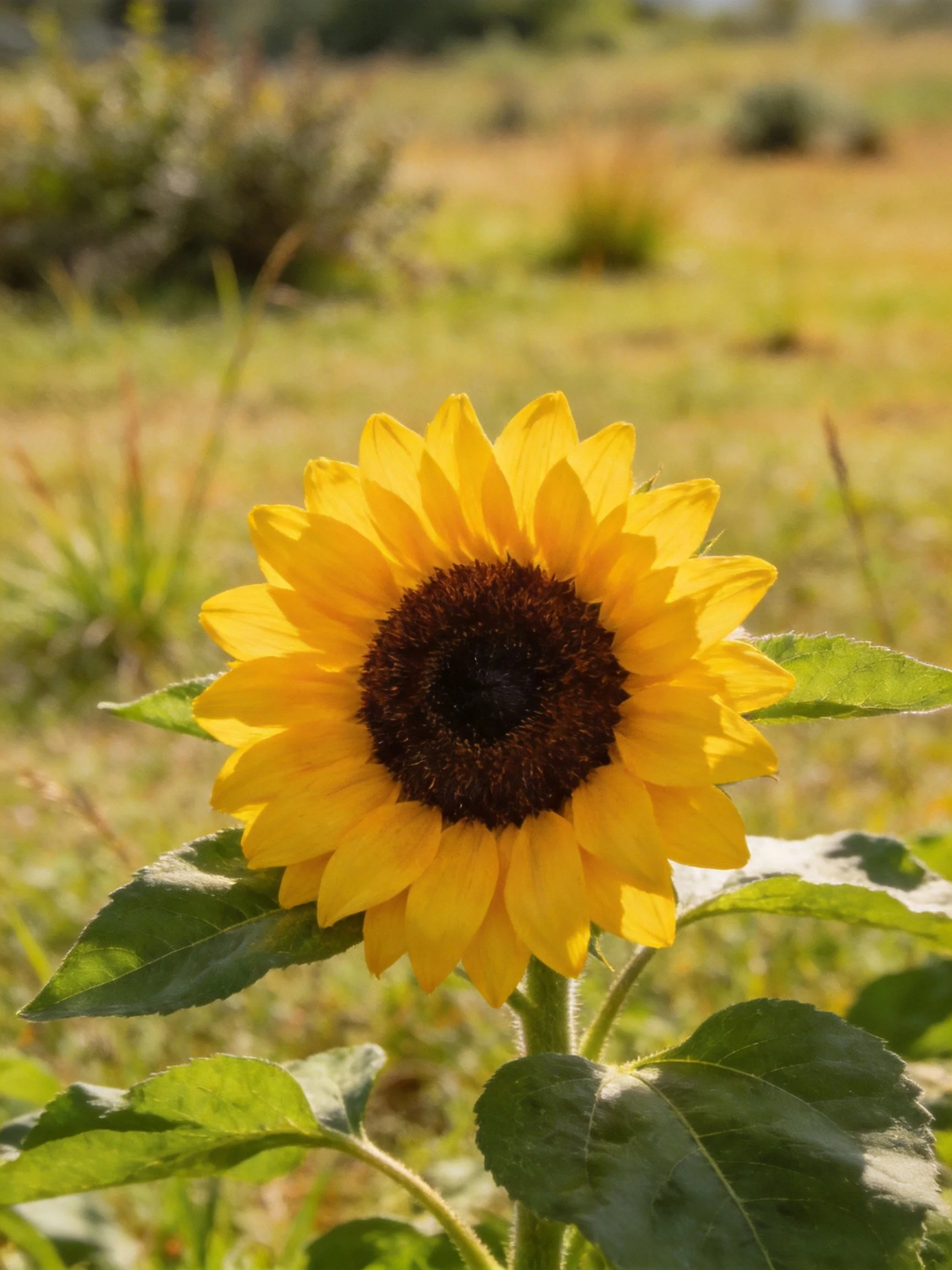 A vibrant sunflower with golden petals and dark center in a sunlit field