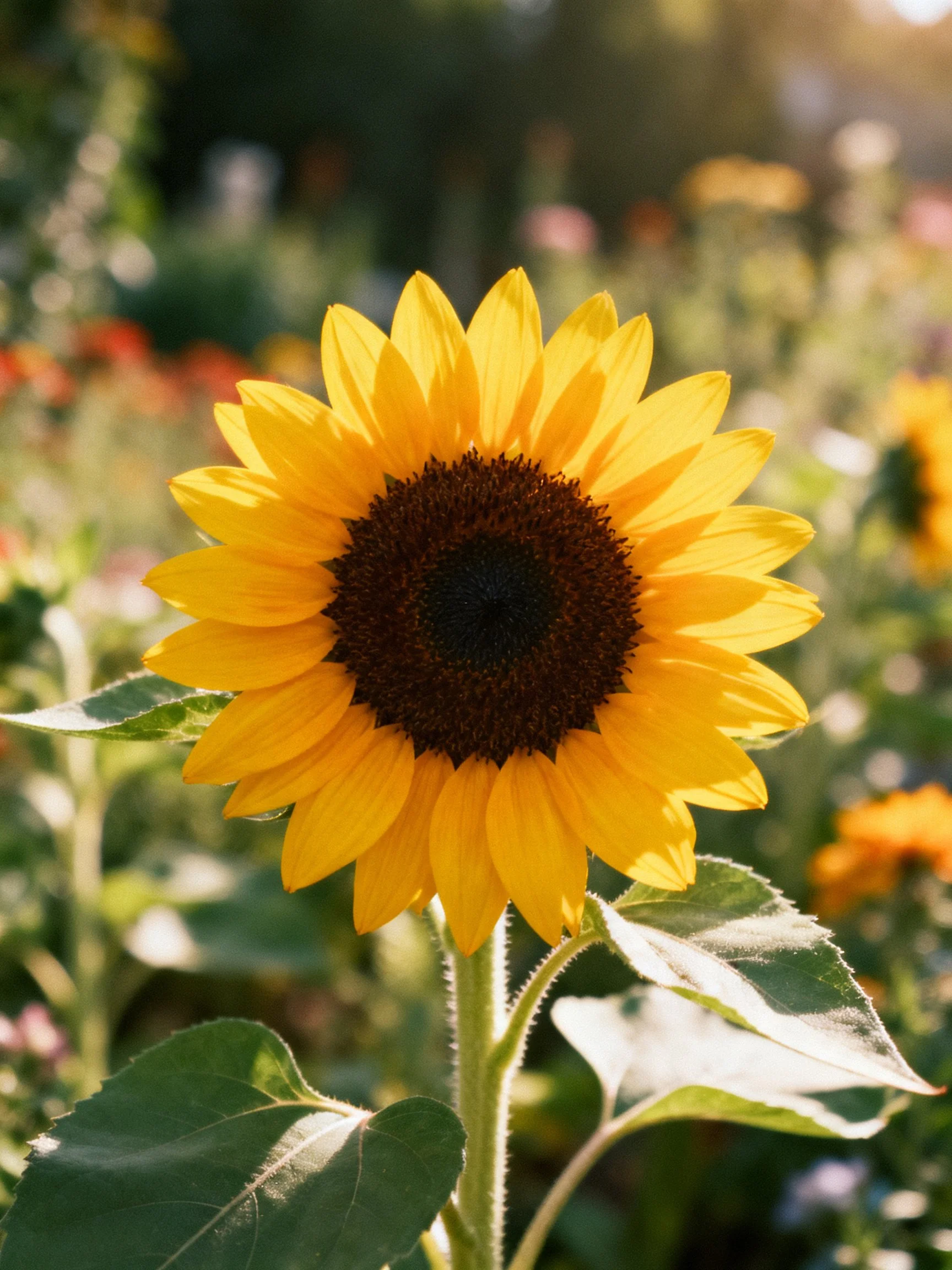 A vibrant sunflower with golden petals and dark center in sunlit garden