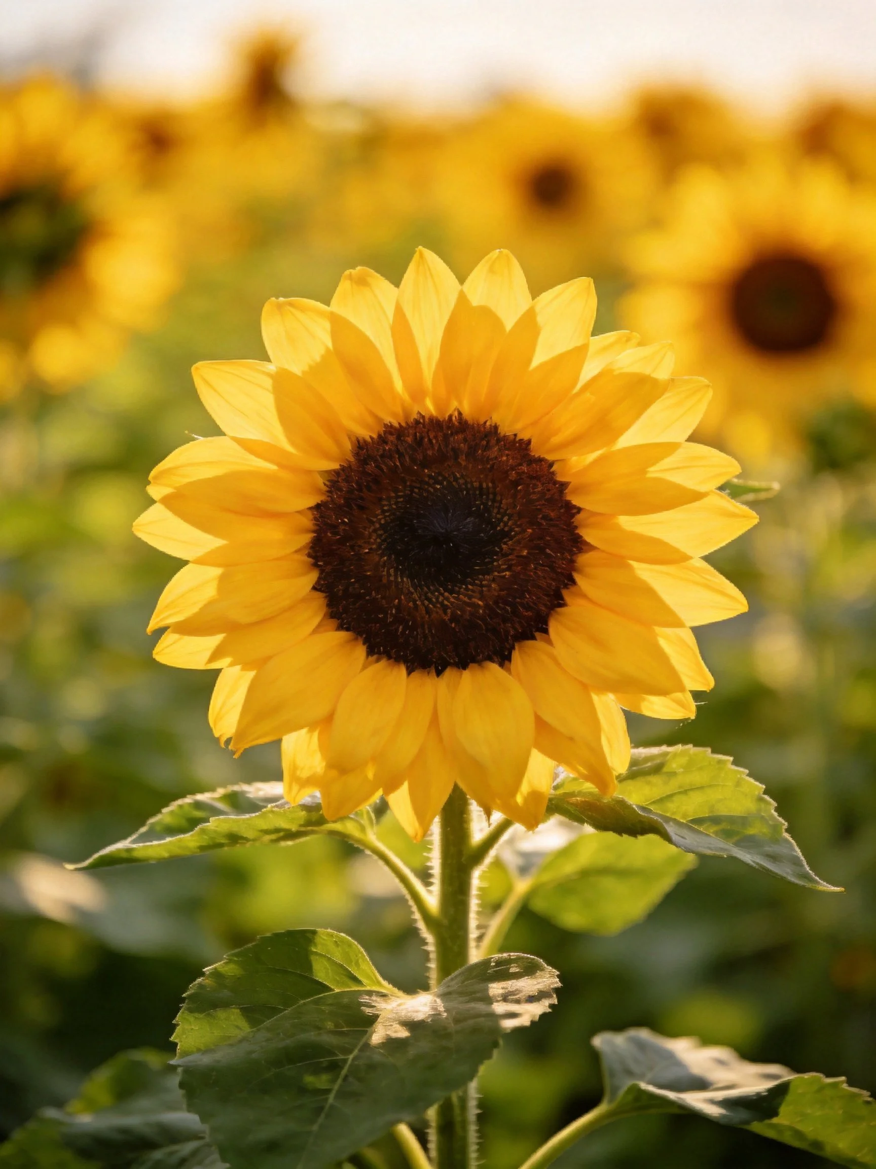 A vibrant sunflower with golden petals and dark center stands among green foliage.