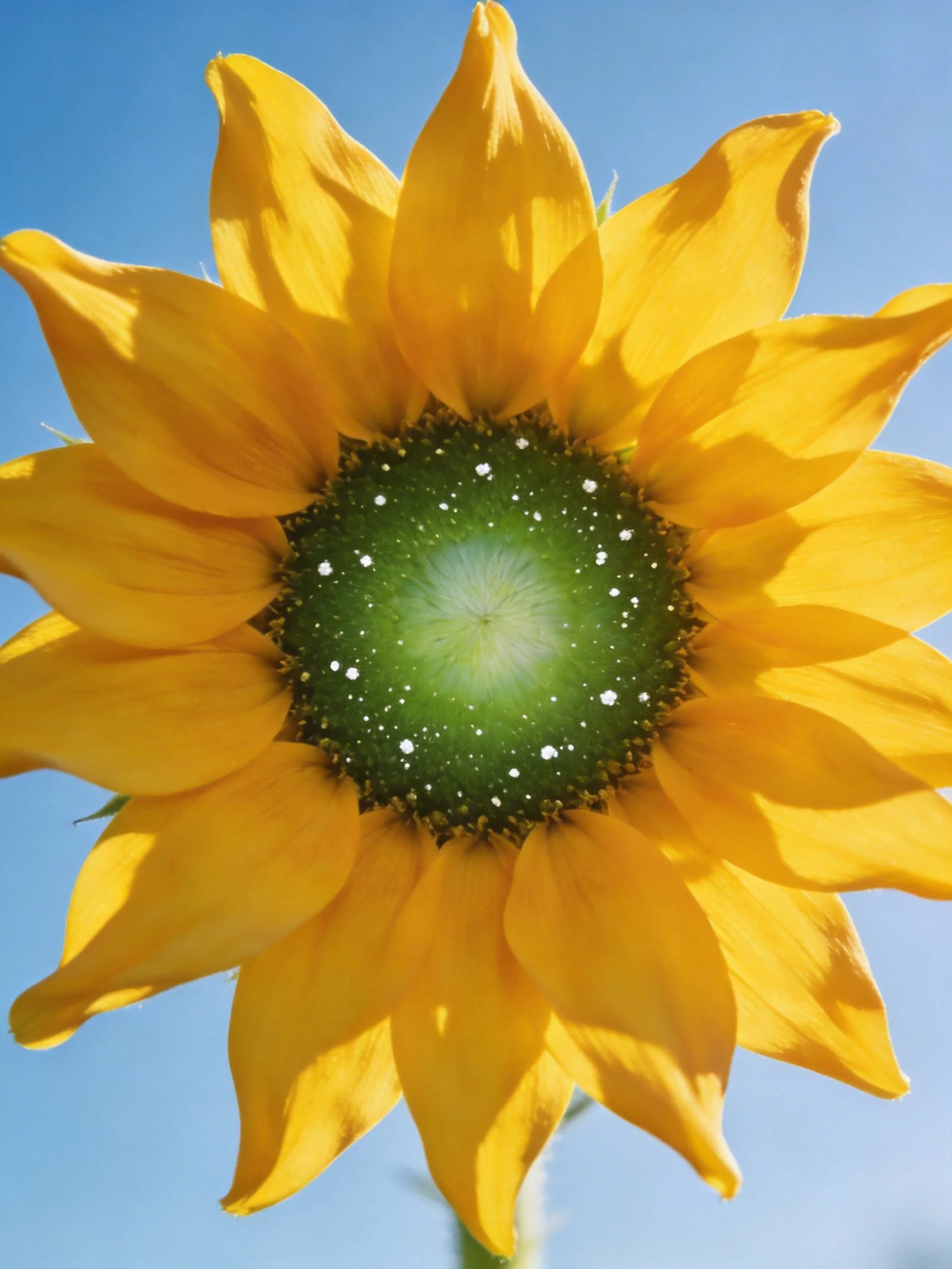A vibrant sunflower with golden petals and green center against clear blue sky